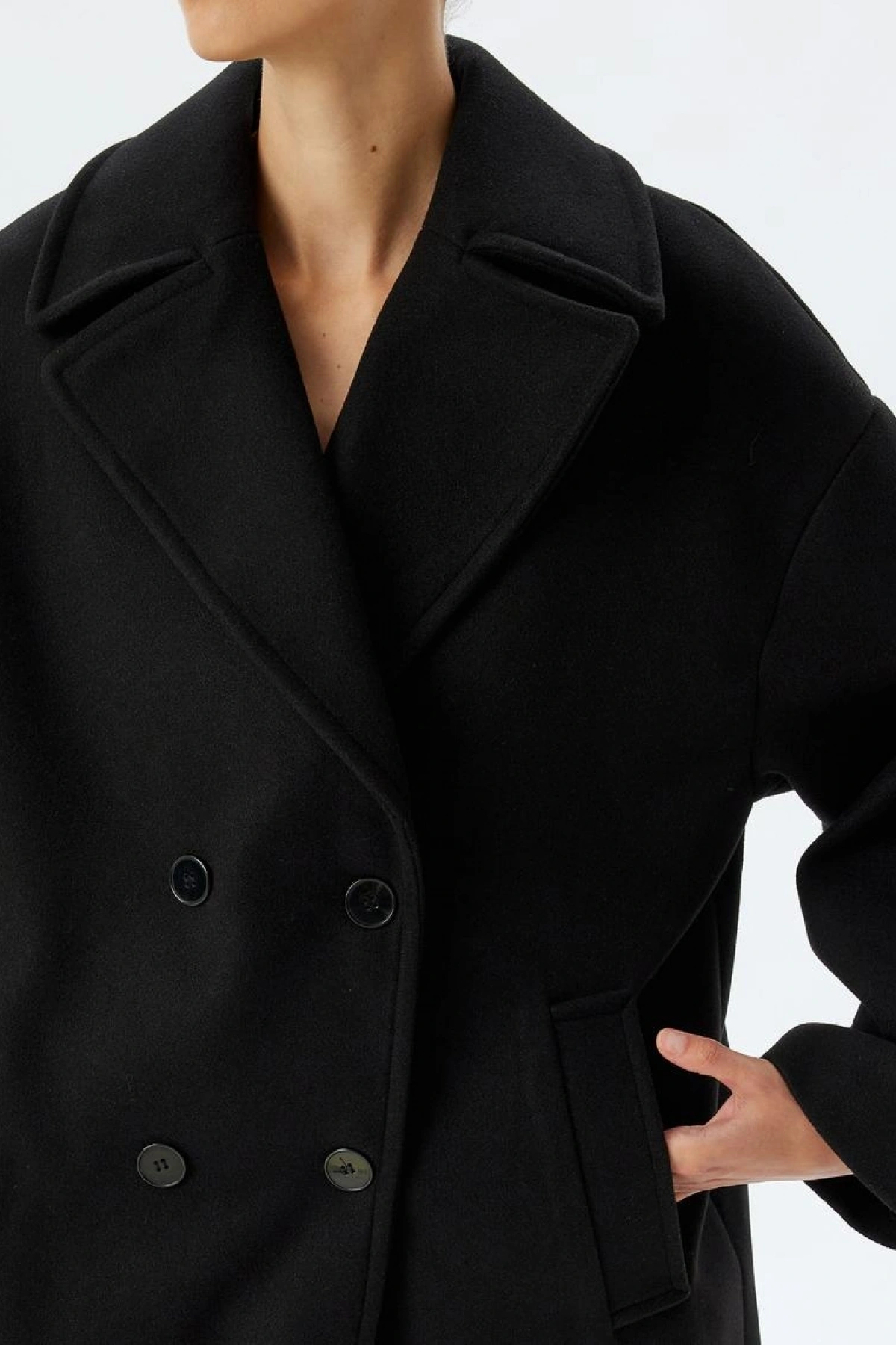 Kruvaze Düğmeli Cepli Uzun Oversize Kaşe Kaban
