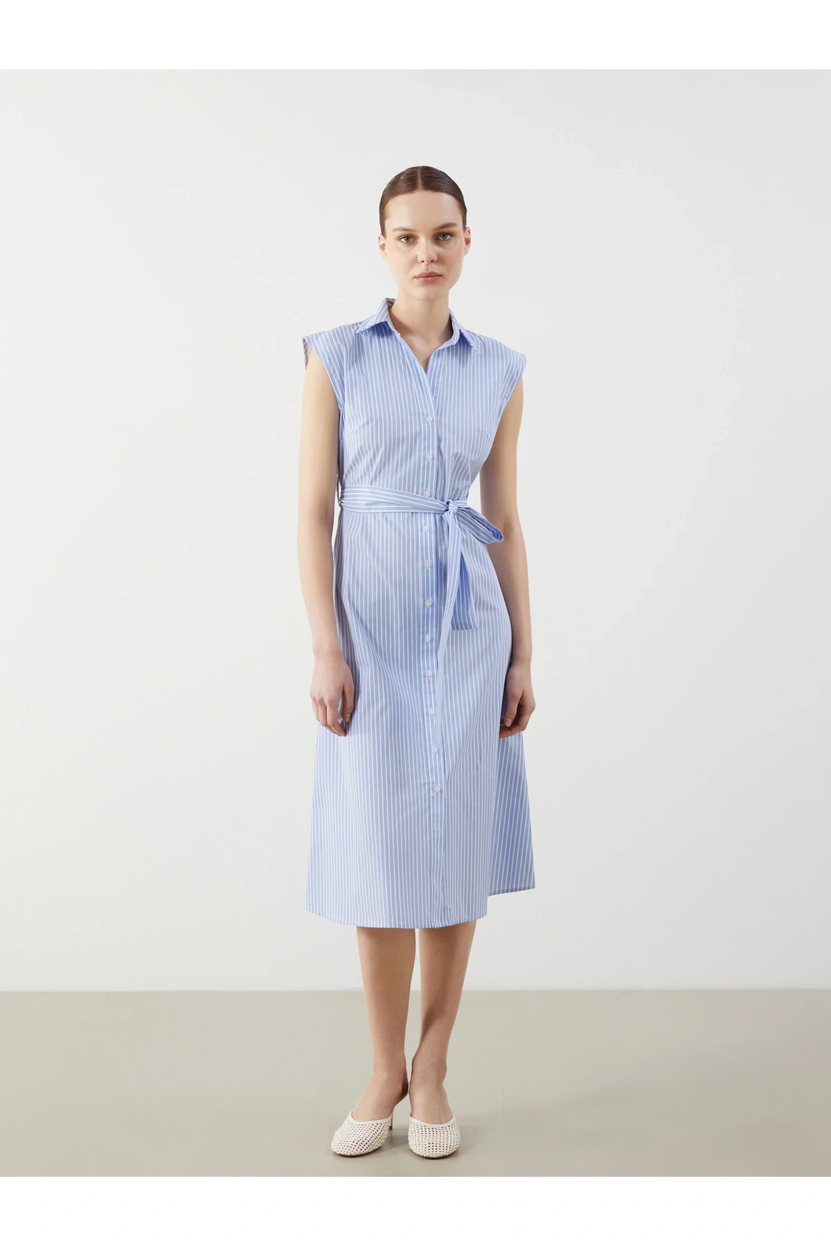 Kuşaklı Çizgili Gömlek Elbise