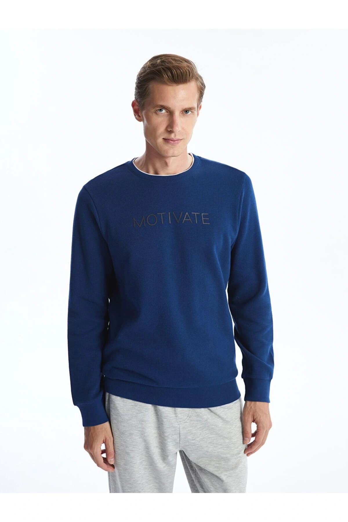 Lacivert Bisiklet Yaka Uzun Kollu Baskılı Erkek Sweatshirt