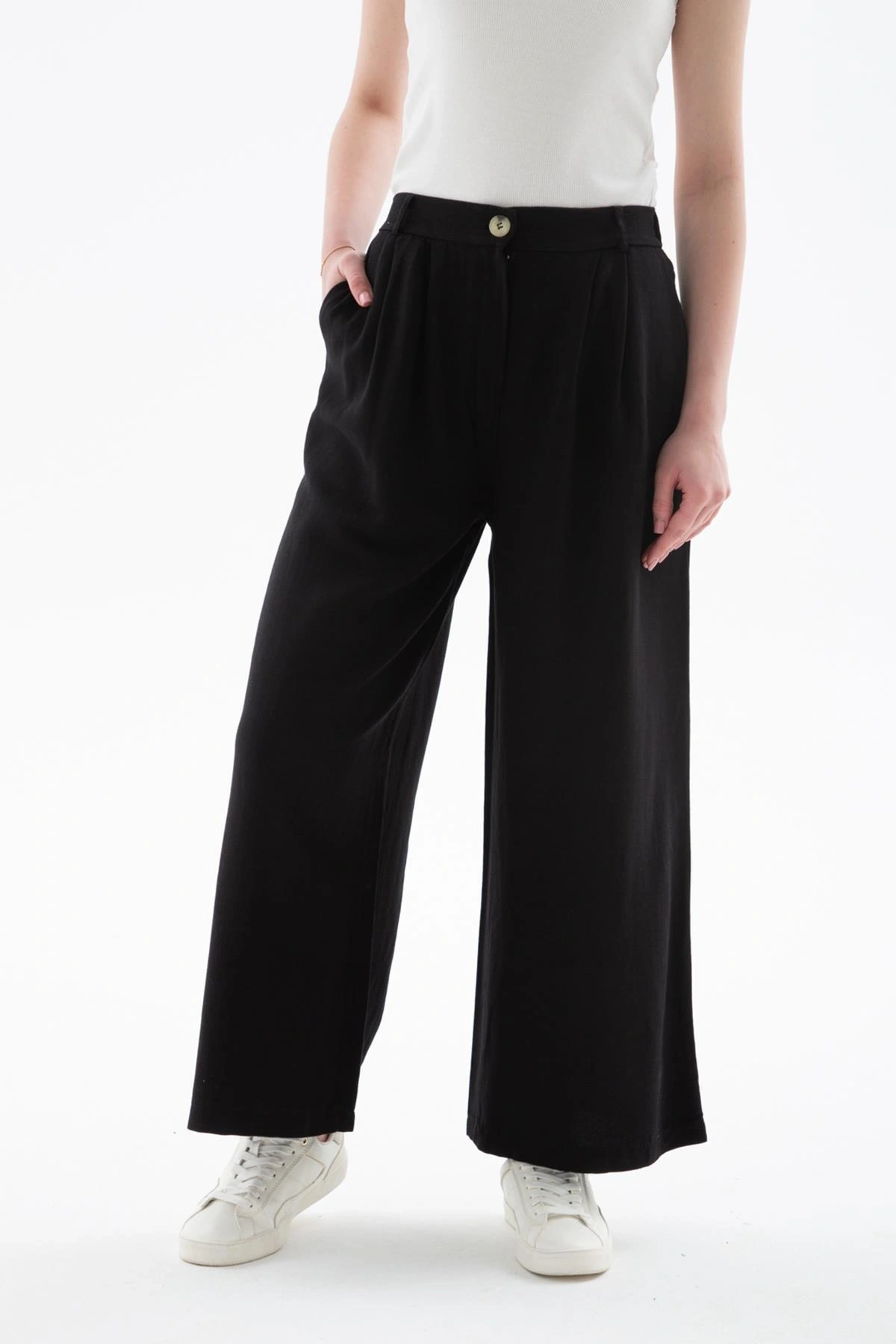 Lastikli Geniş Paça Keten Pantolon Siyah