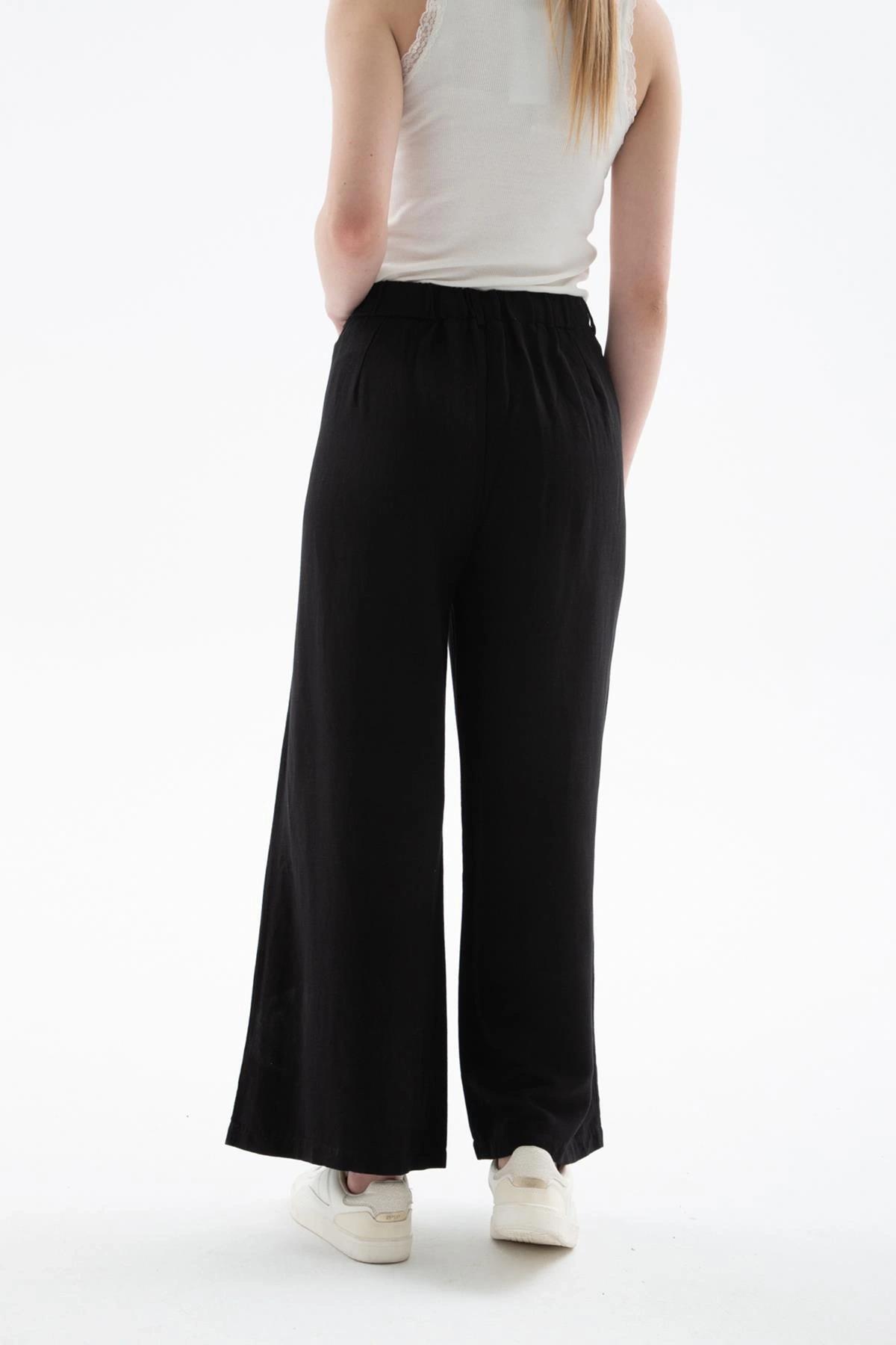 Lastikli Geniş Paça Keten Pantolon Siyah