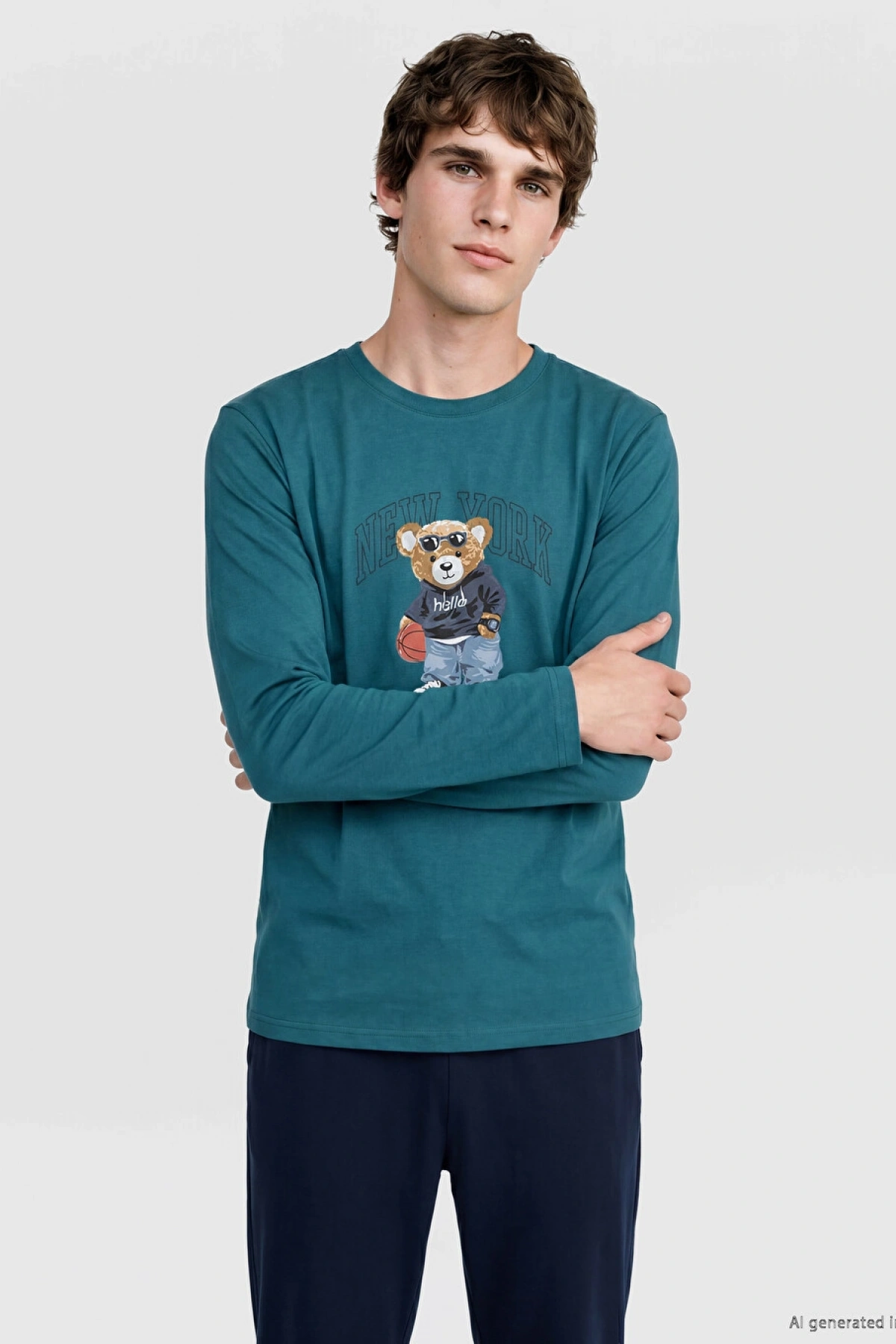 LC WAIKIKI Petrol Regular Fit Teddy Baskılı Erkek Pijama Takımı