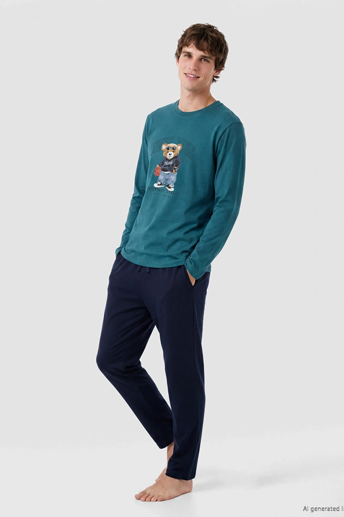 LC WAIKIKI Petrol Regular Fit Teddy Baskılı Erkek Pijama Takımı