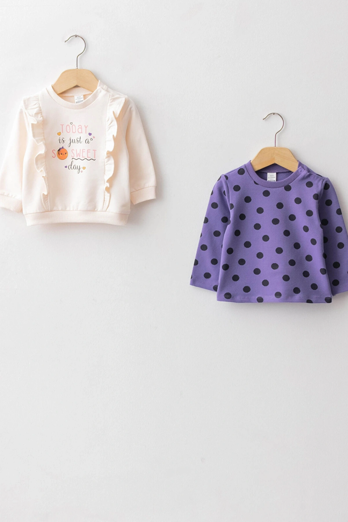 LCW baby Ekru Bisiklet Yaka Uzun Kollu Pamuklu Kız Bebek Sweatshirt 2li