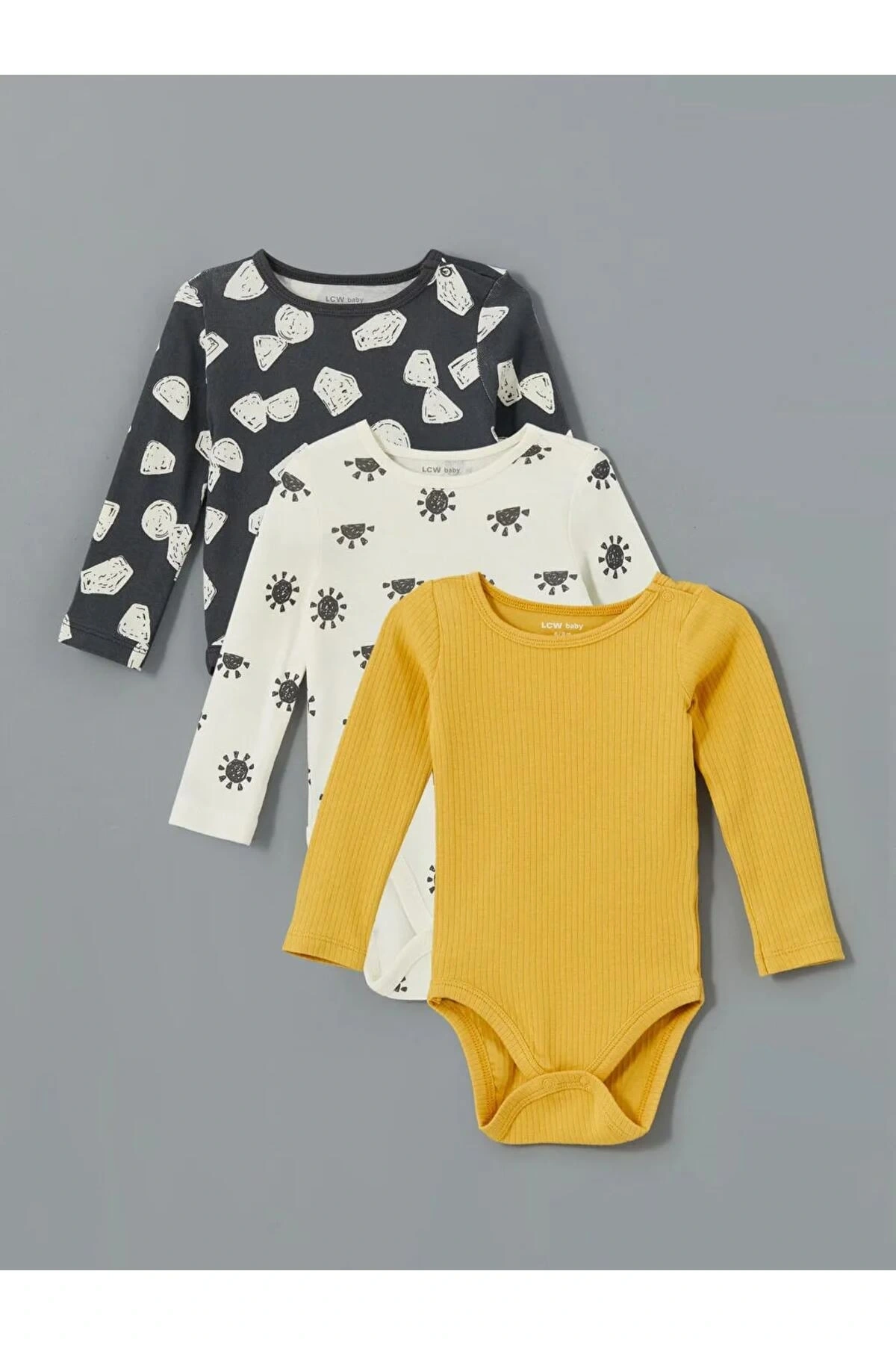 LCW baby Gri Bisiklet Yaka Baskılı Erkek Bebek Çıtçıtlı Body 3lü
