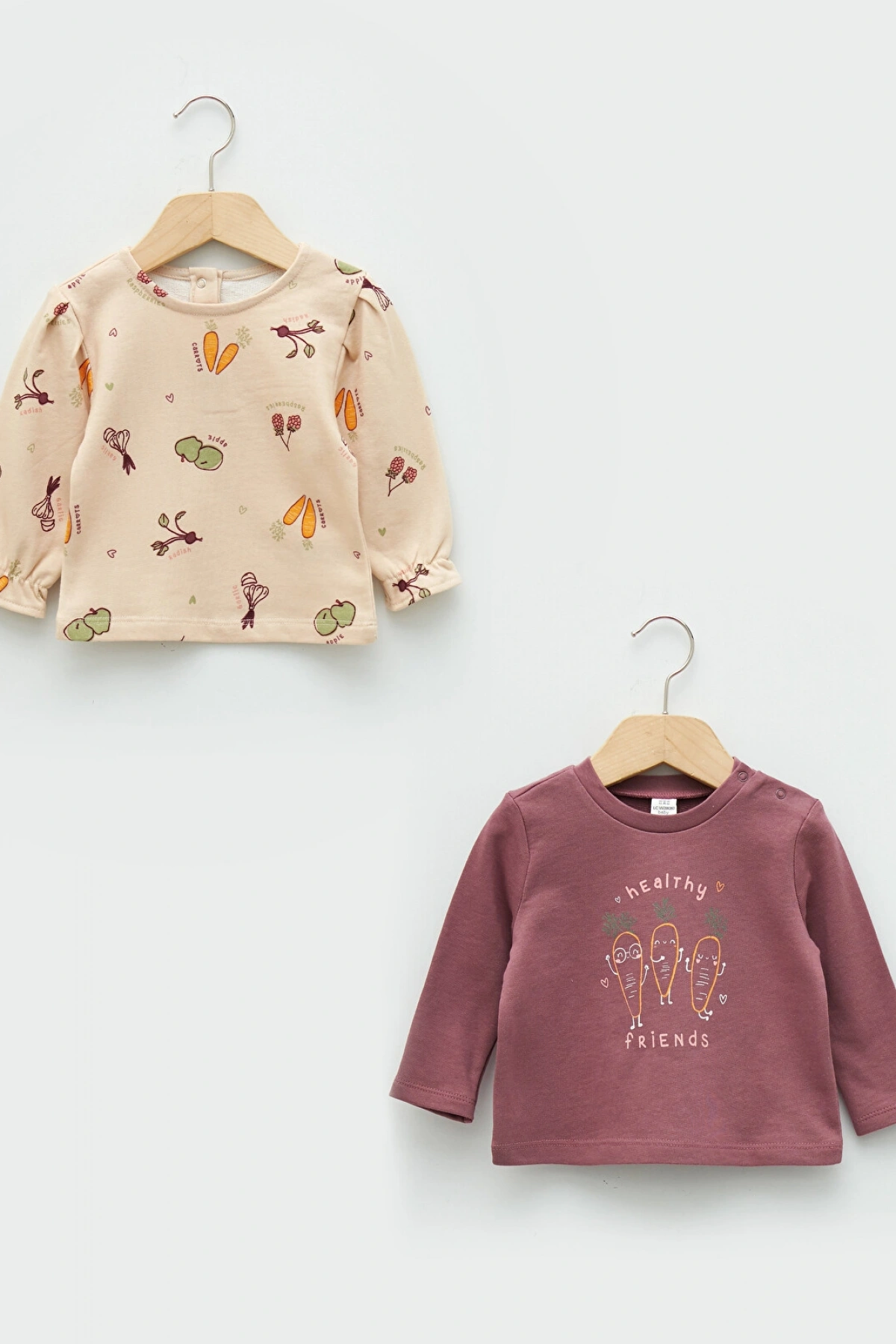 LCW baby Pembe Bisiklet Yaka Uzun Kollu Baskılı Pamuklu Kız Bebek Sweatshirt 2li