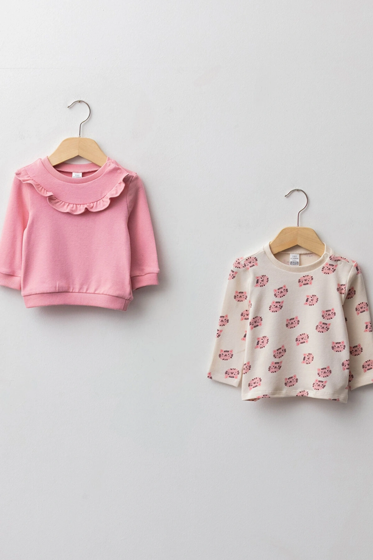 LCW baby Pembe Bisiklet Yaka Uzun Kollu Kız Bebek Sweatshirt 2li