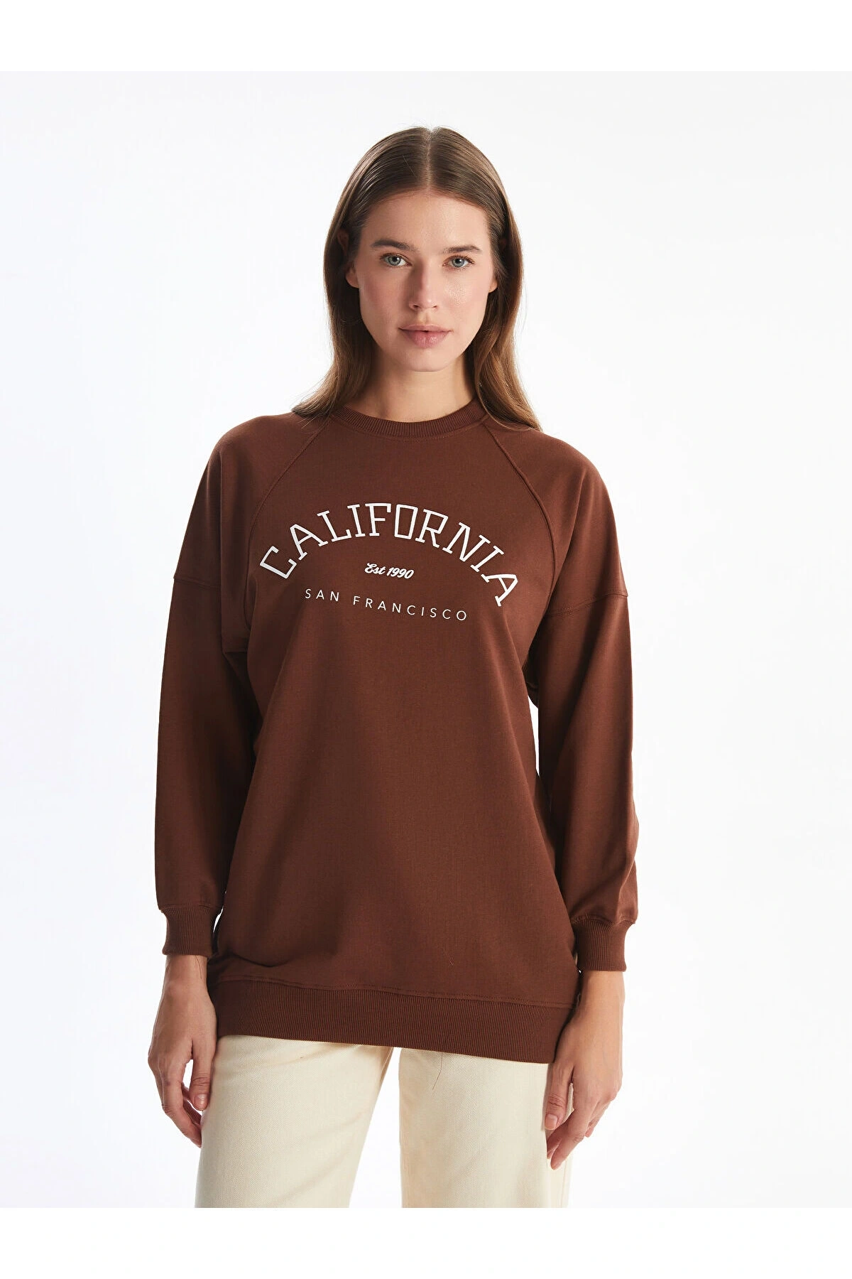 Lcw Bisiklet Yaka Baskılı Oversize Kadın Sweatshirt Tunik
