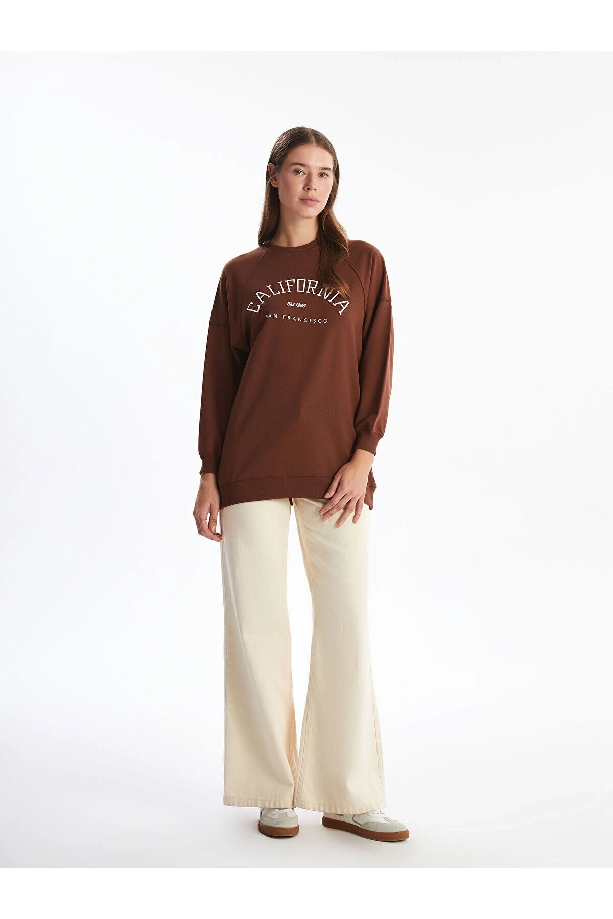 Lcw Bisiklet Yaka Baskılı Oversize Kadın Sweatshirt Tunik