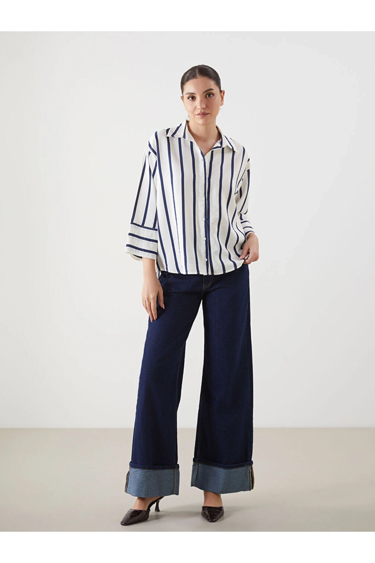 LCWAIKIKI Classic Indigo Çizgili Oversize Kadın Gömlek