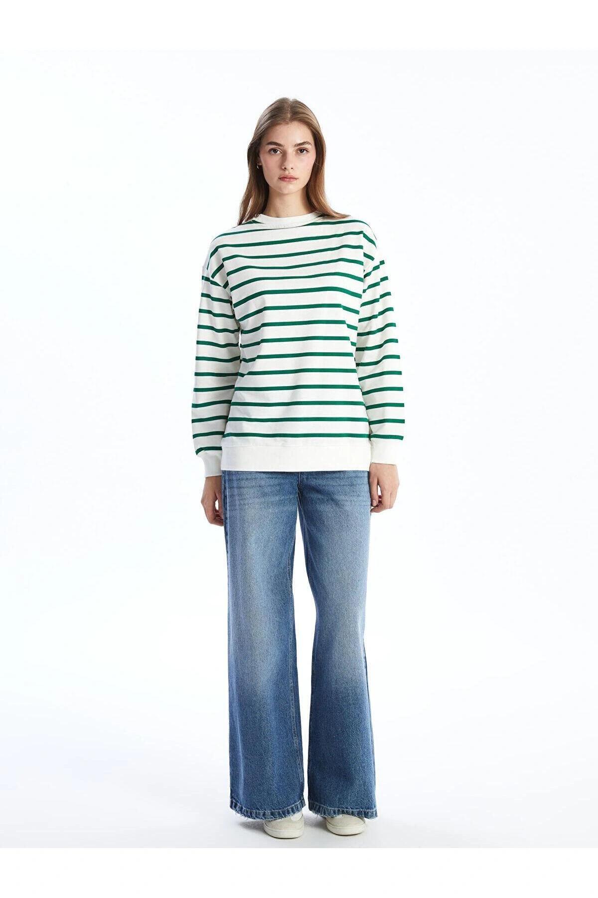 LCW Comfort Çizgili Bisiklet Yaka Çizgili Kadın Sweatshirt (W4)