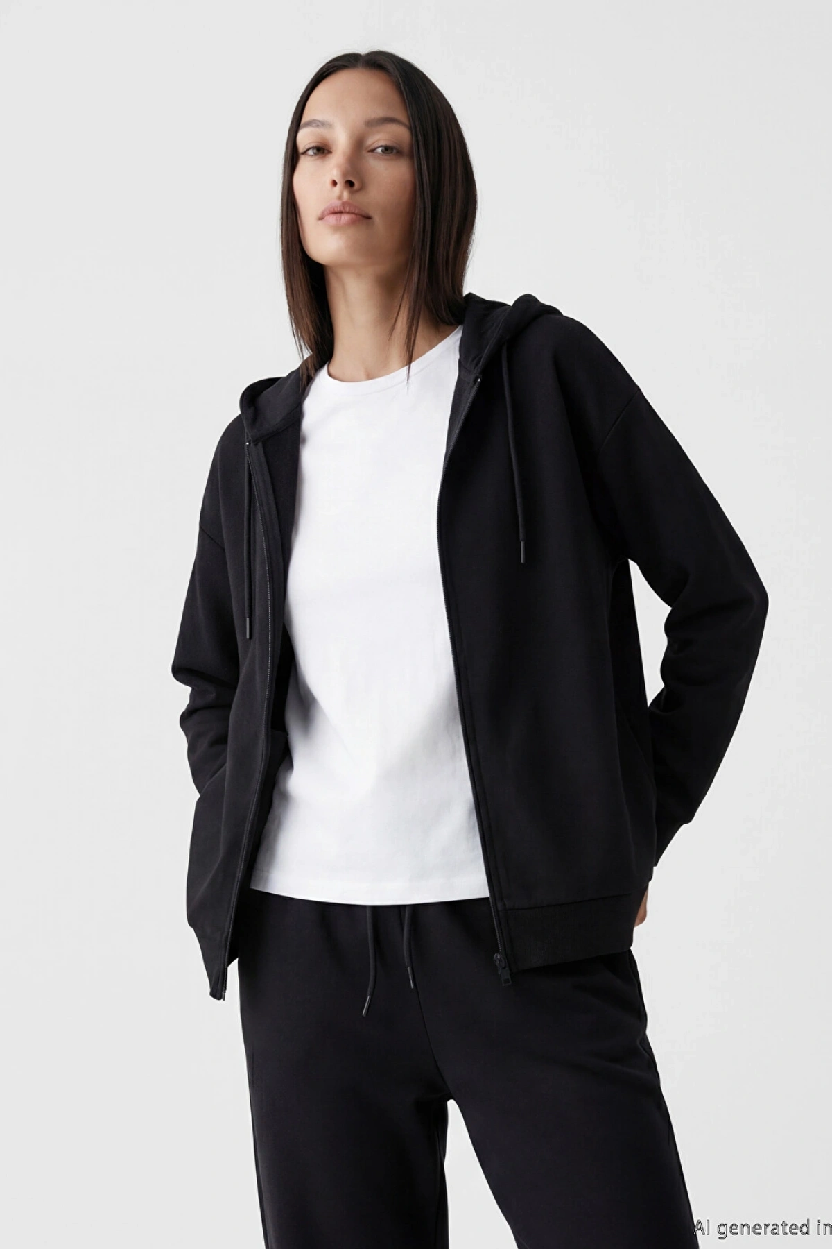 LCW EVERYDAY Siyah Soft Touch Oversize Kadın Fermuarlı Sweatshirt