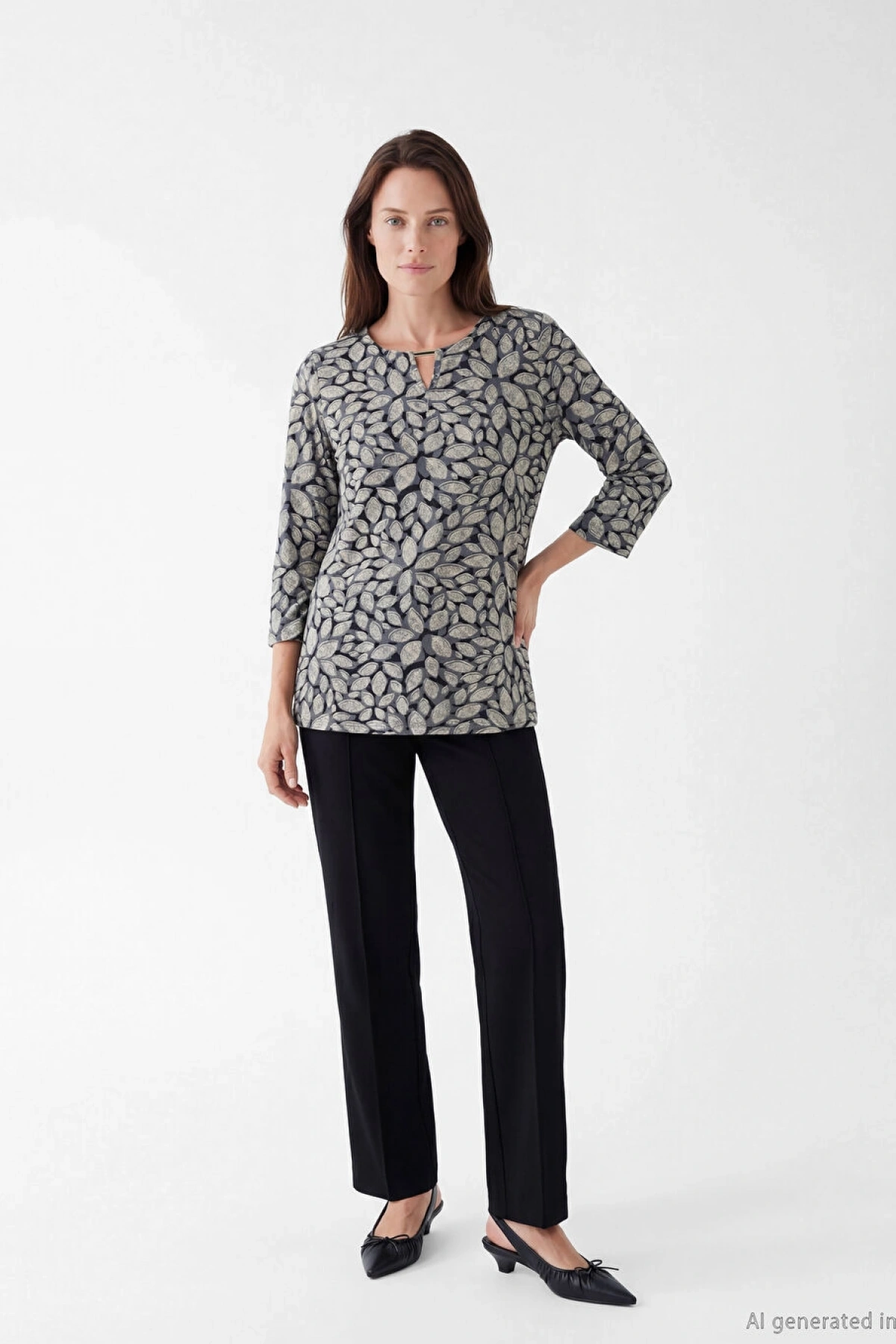LCW Grace Siyah Bisiklet Yaka Desenli Bluz