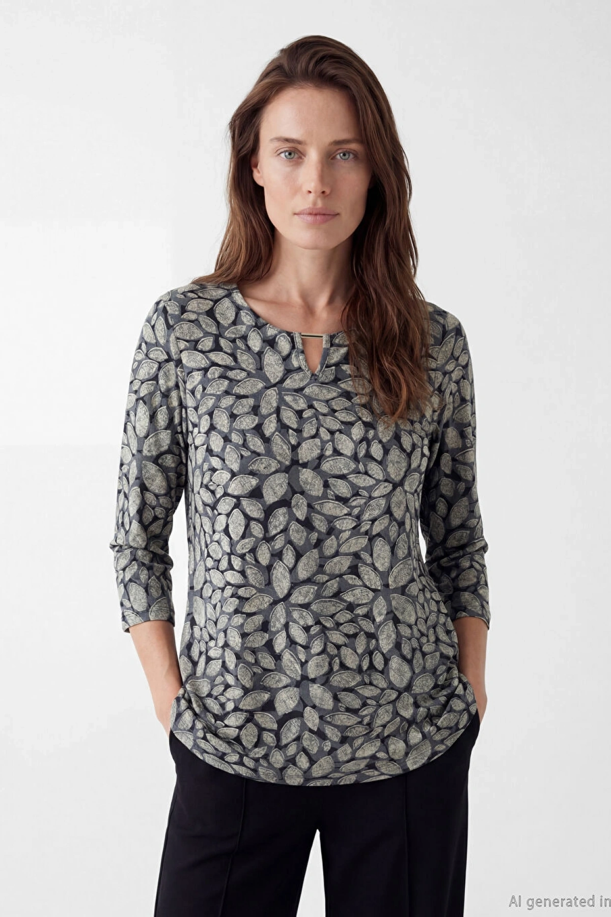 LCW Grace Siyah Bisiklet Yaka Desenli Bluz