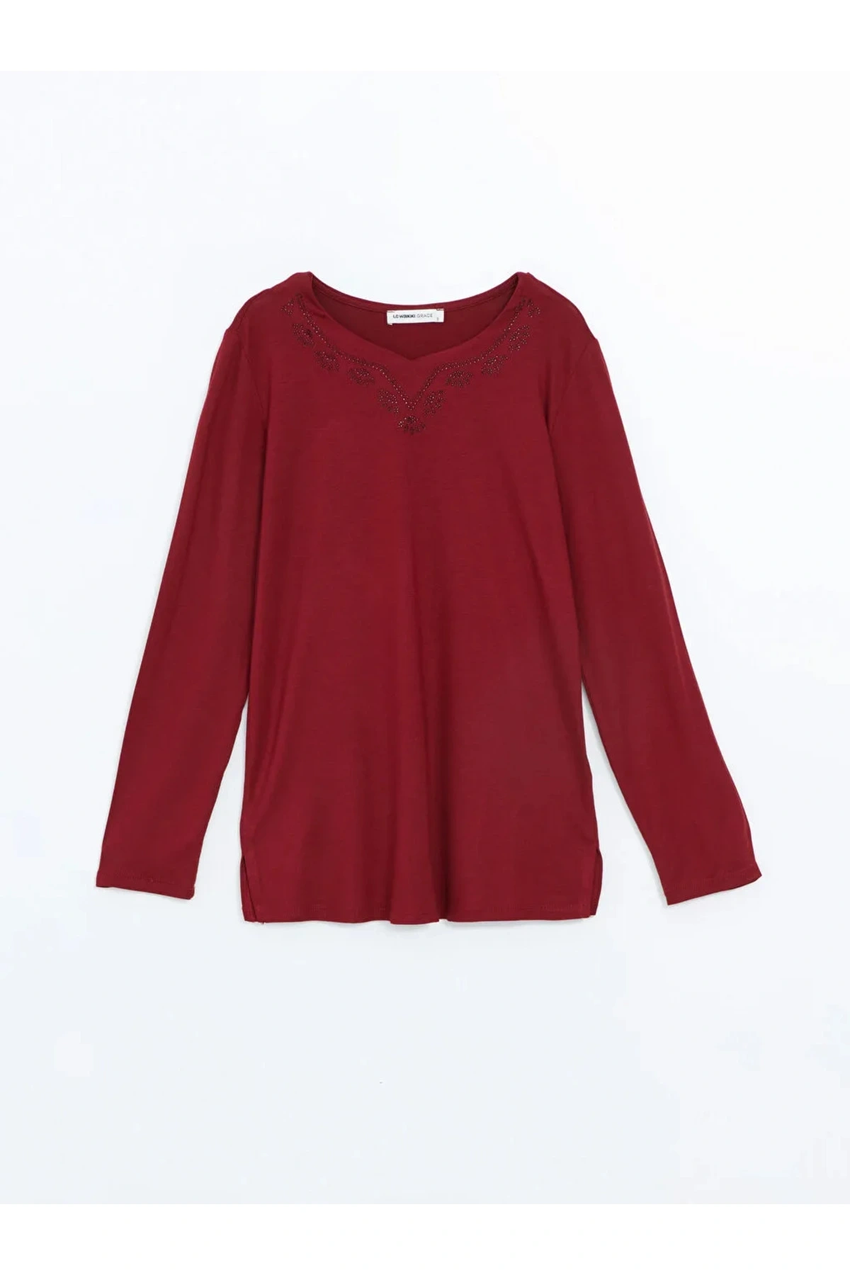 LCW Grace Bordo Bisiklet Yaka Parlak Taş Baskılı Kadın Bluz