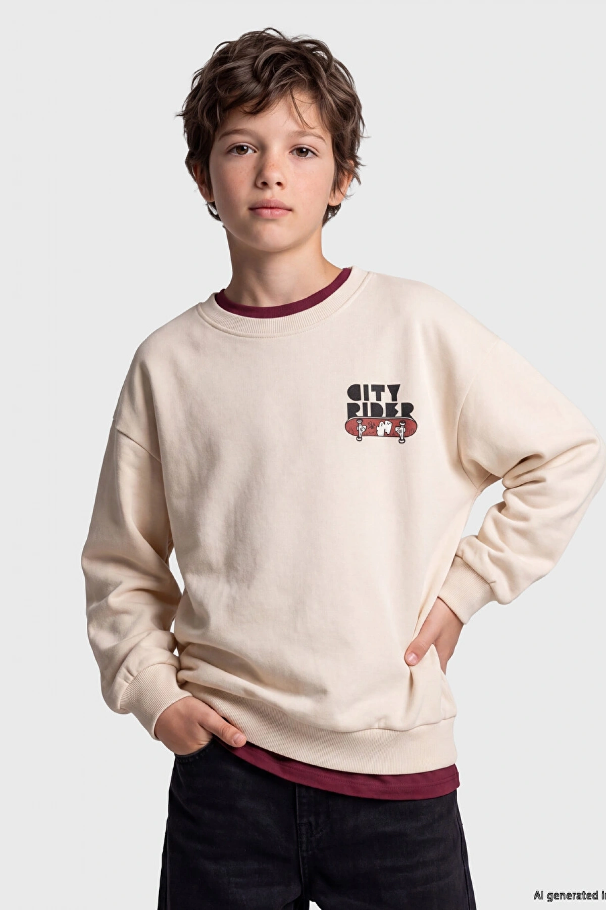 LCW Kids Bej Baskılı Erkek Çocuk Kalın Sweatshirt