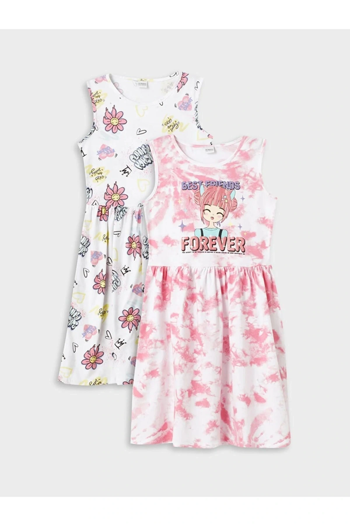 LCW Kids Bisiklet Yaka Desenli Kız Çocuk Elbise 2li