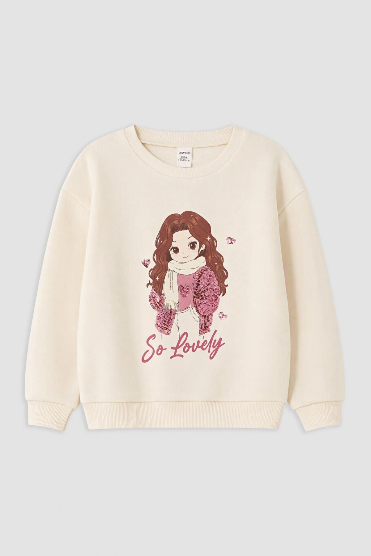 LCW Kids Ekru Baskılı Kız Çocuk Kalın Sweatshirt