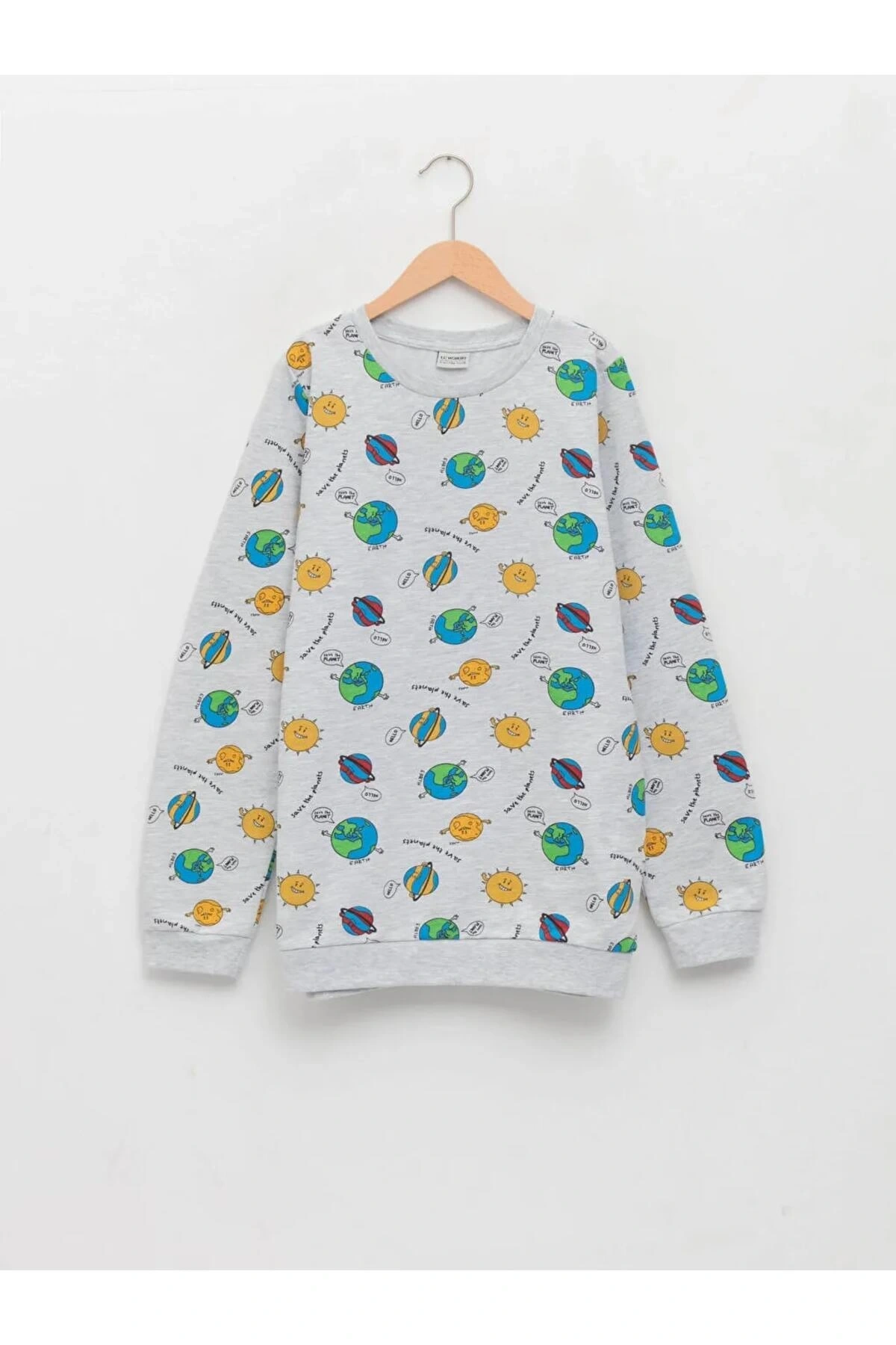 LCW Kids Gri Bisiklet Yaka Baskılı Uzun Kollu Erkek Çocuk Sweatshirt
