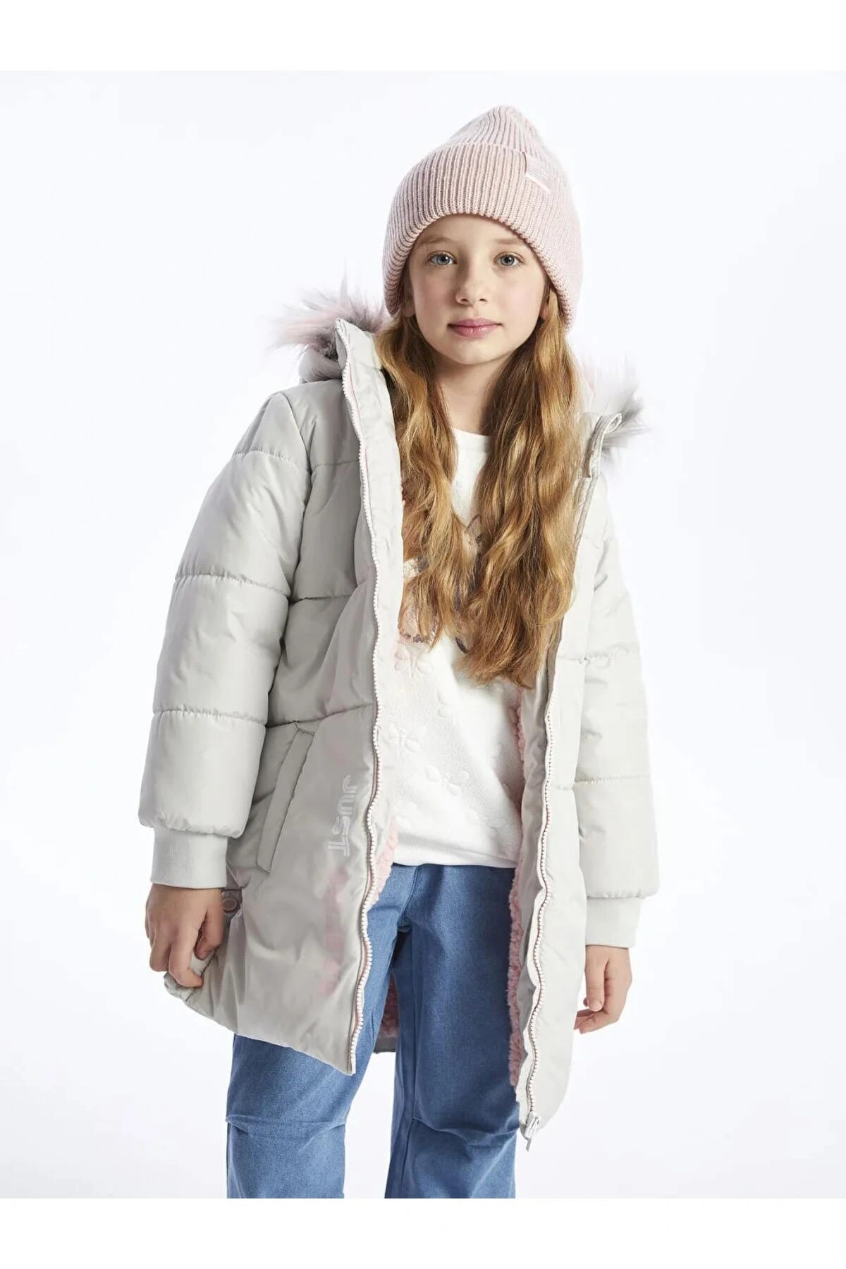 LCW Kids Gri Kapüşonlu Kız Çocuk Kaban