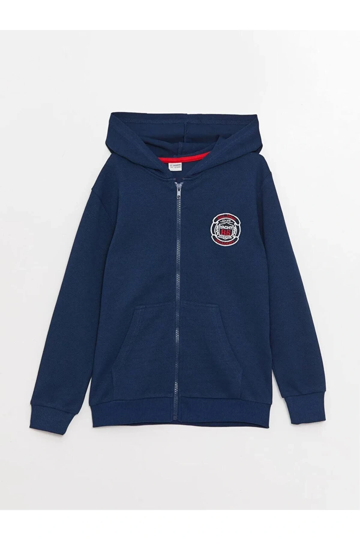 LCW Kids Lacivert Kapüşonlu Nakışlı Uzun Kollu Erkek Çocuk Fermuarlı Sweatshirt