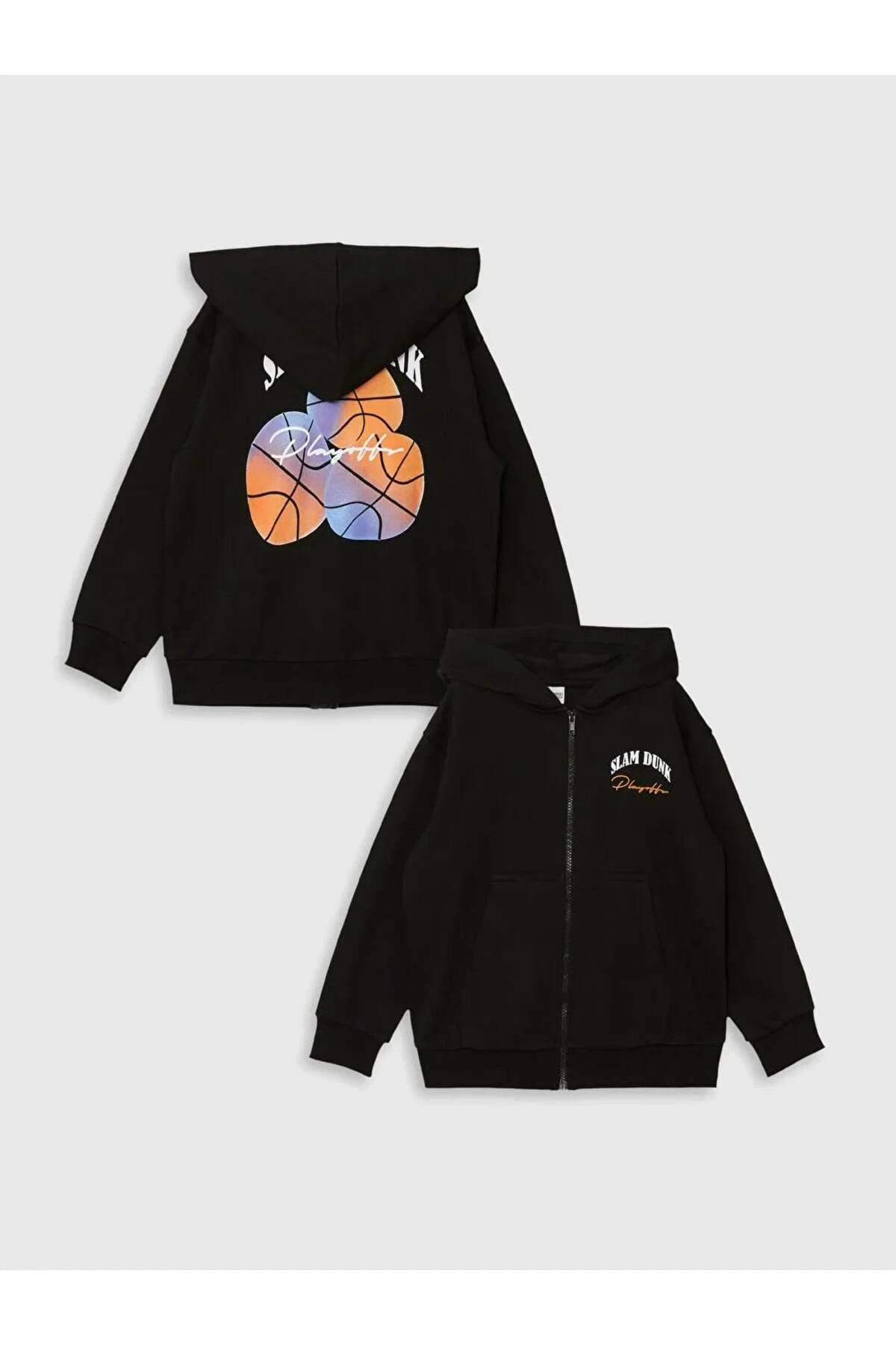 LCW Kids Siyah Kapüşonlu Baskılı Uzun Kollu Erkek Çocuk Fermuarlı Sweatshirt