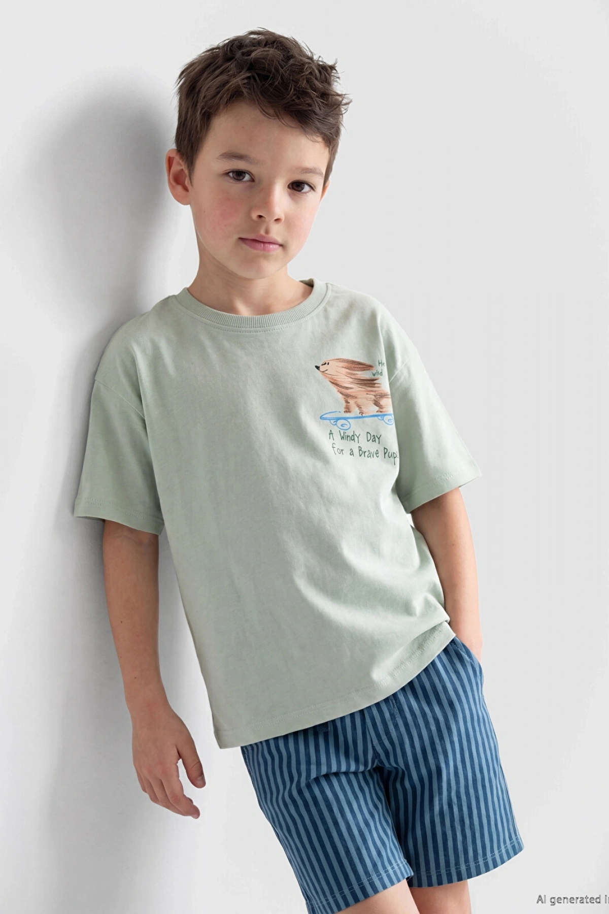 LCW Kids Yeşil Bisiklet Yaka Baskılı Erkek Çocuk Tişört