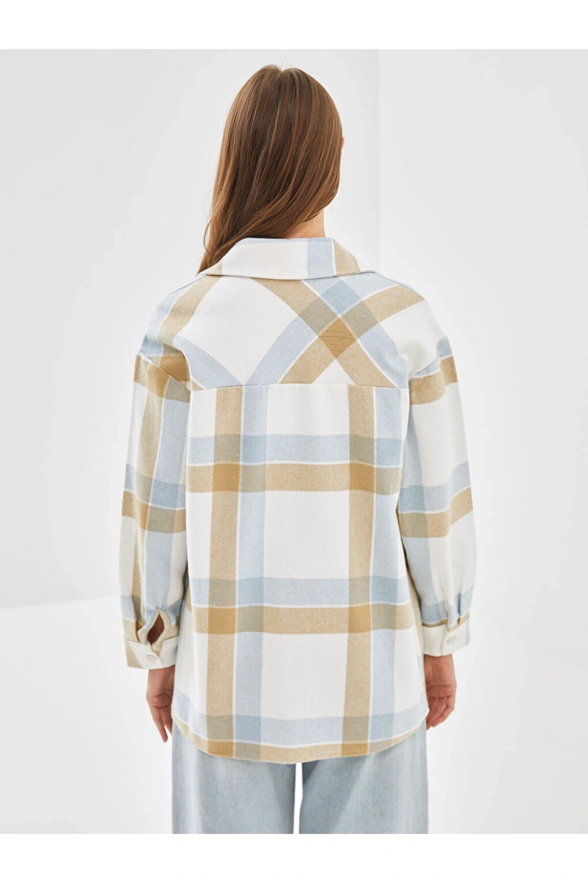 LCW Modest Açık Mavi Ekoseli Ekose Oversize Kadın Gömlek Tunik