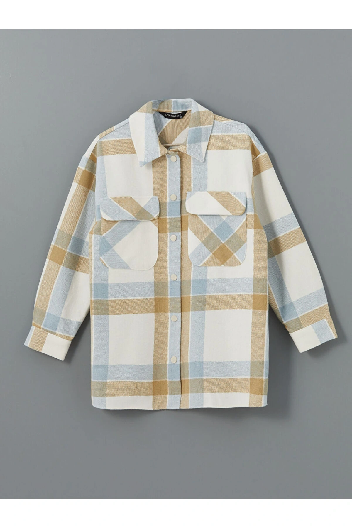 LCW Modest Açık Mavi Ekoseli Ekose Oversize Kadın Gömlek Tunik