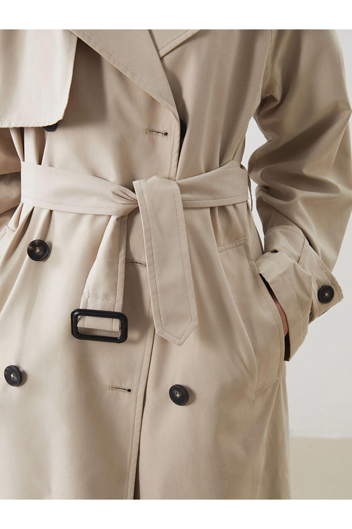 LCW Modest Bej Kruvaze Yaka Oversize Kadın Trençkot