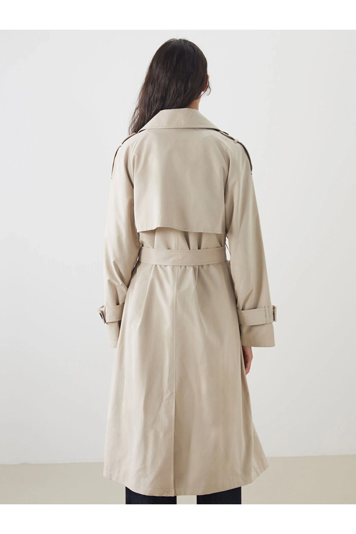 LCW Modest Bej Kruvaze Yaka Oversize Kadın Trençkot