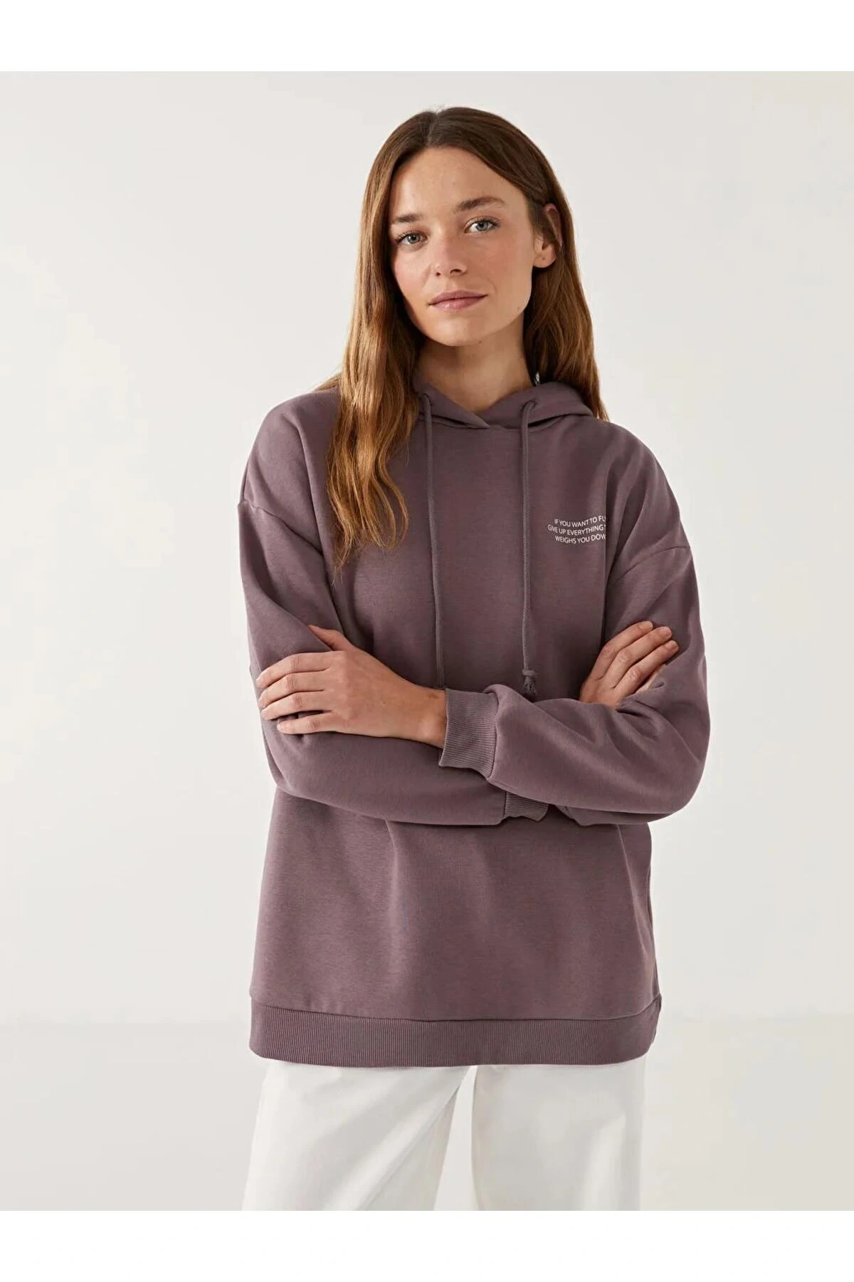 LCW Modest Kapüşonlu Baskılı Oversize Kadın Sweatshirt Tunik