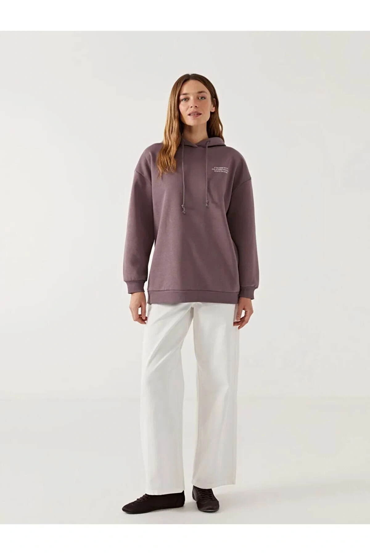 LCW Modest Kapüşonlu Baskılı Oversize Kadın Sweatshirt Tunik