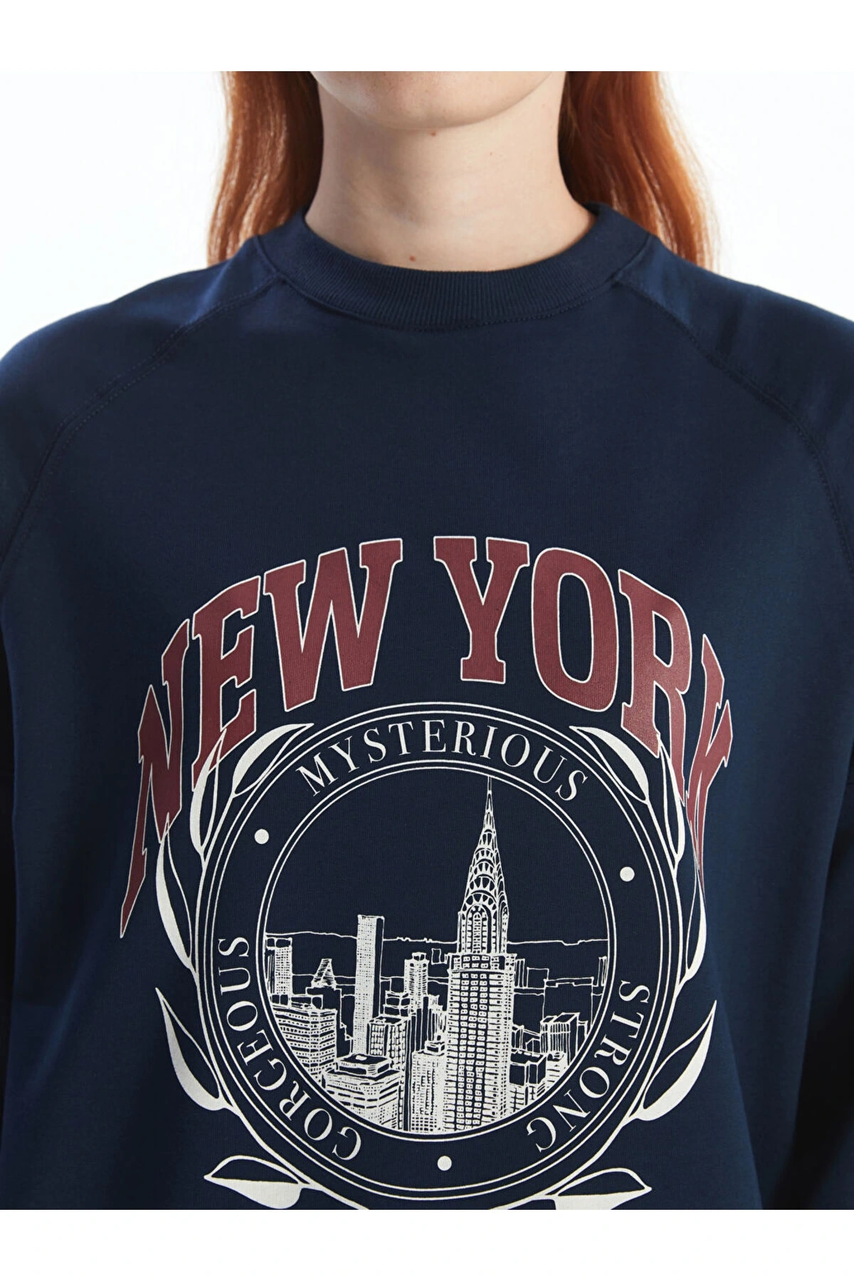 LCW Modest Lacivert Bisiklet Yaka Baskılı Oversize Kadın Sweatshirt Tunik