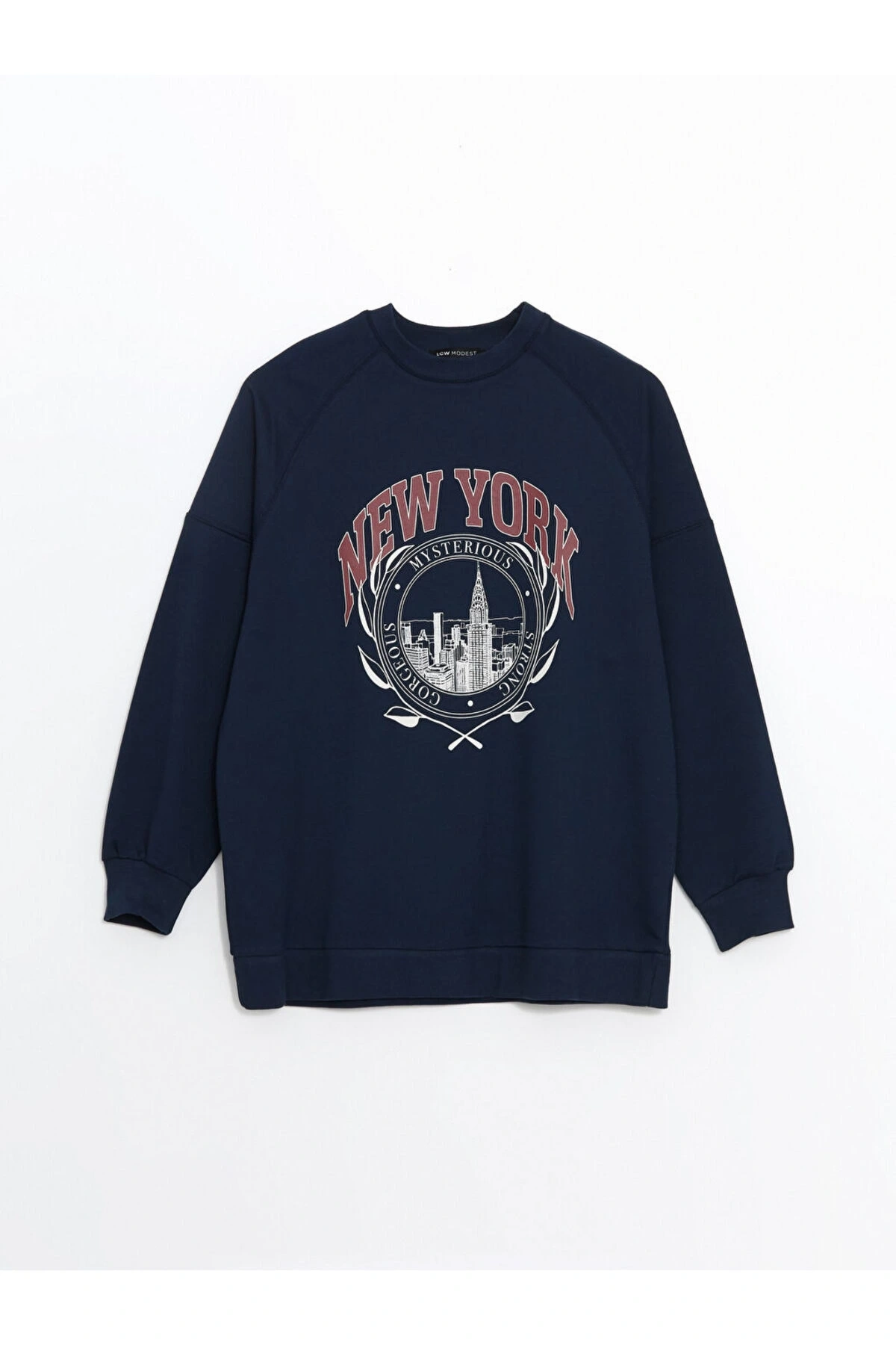 LCW Modest Lacivert Bisiklet Yaka Baskılı Oversize Kadın Sweatshirt Tunik