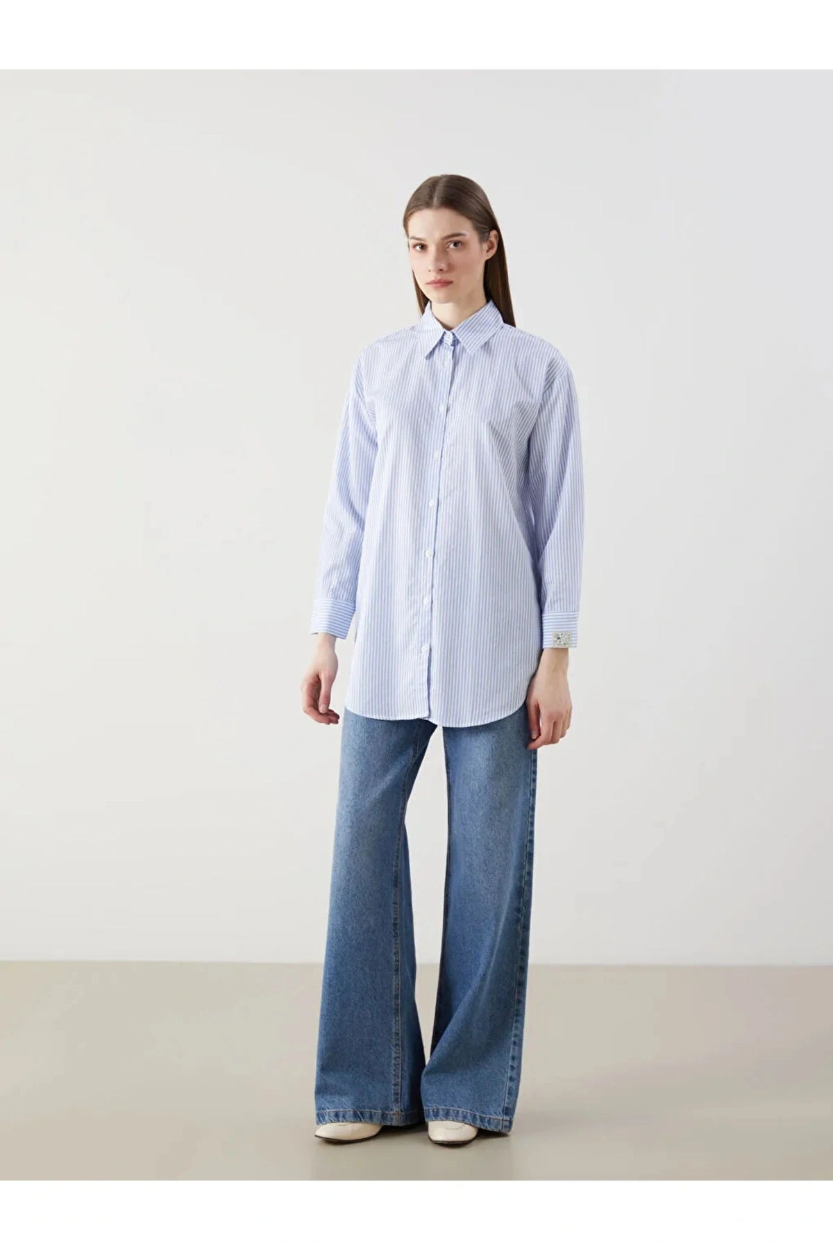 LCW Modest Mavi Çizgili Poplin Kadın Gömlek Tunik