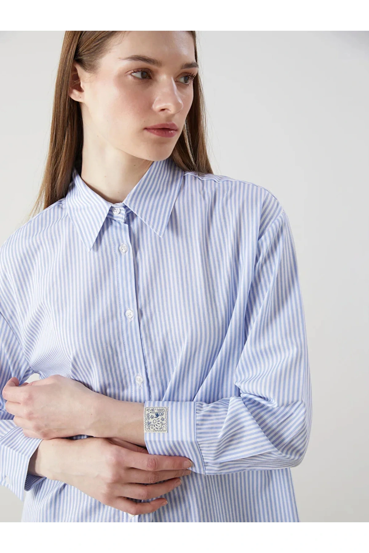 LCW Modest Mavi Çizgili Poplin Kadın Gömlek Tunik