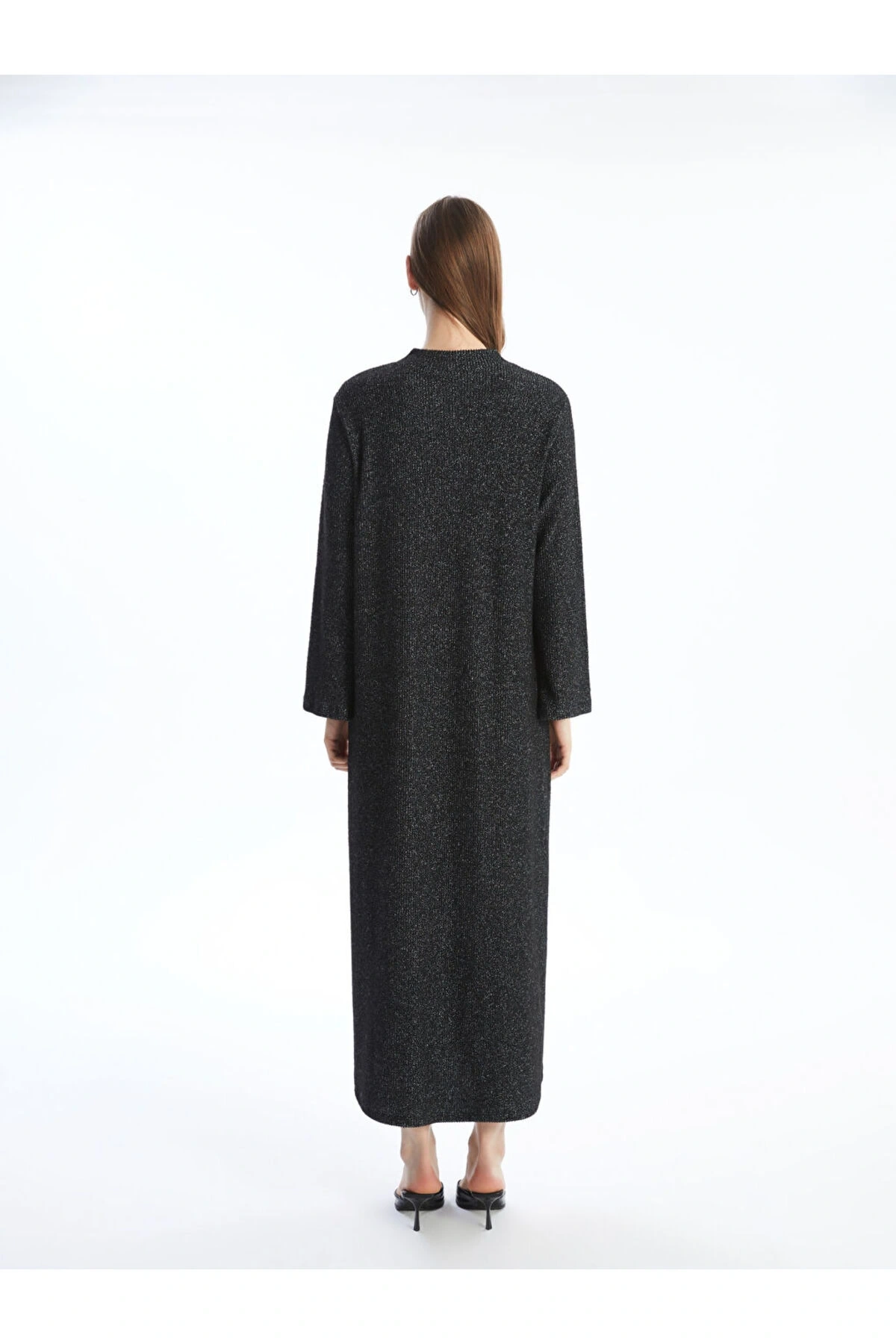 LCW Modest Siyah Bisiklet Yaka Parlak Görünümlü Kadın Elbise