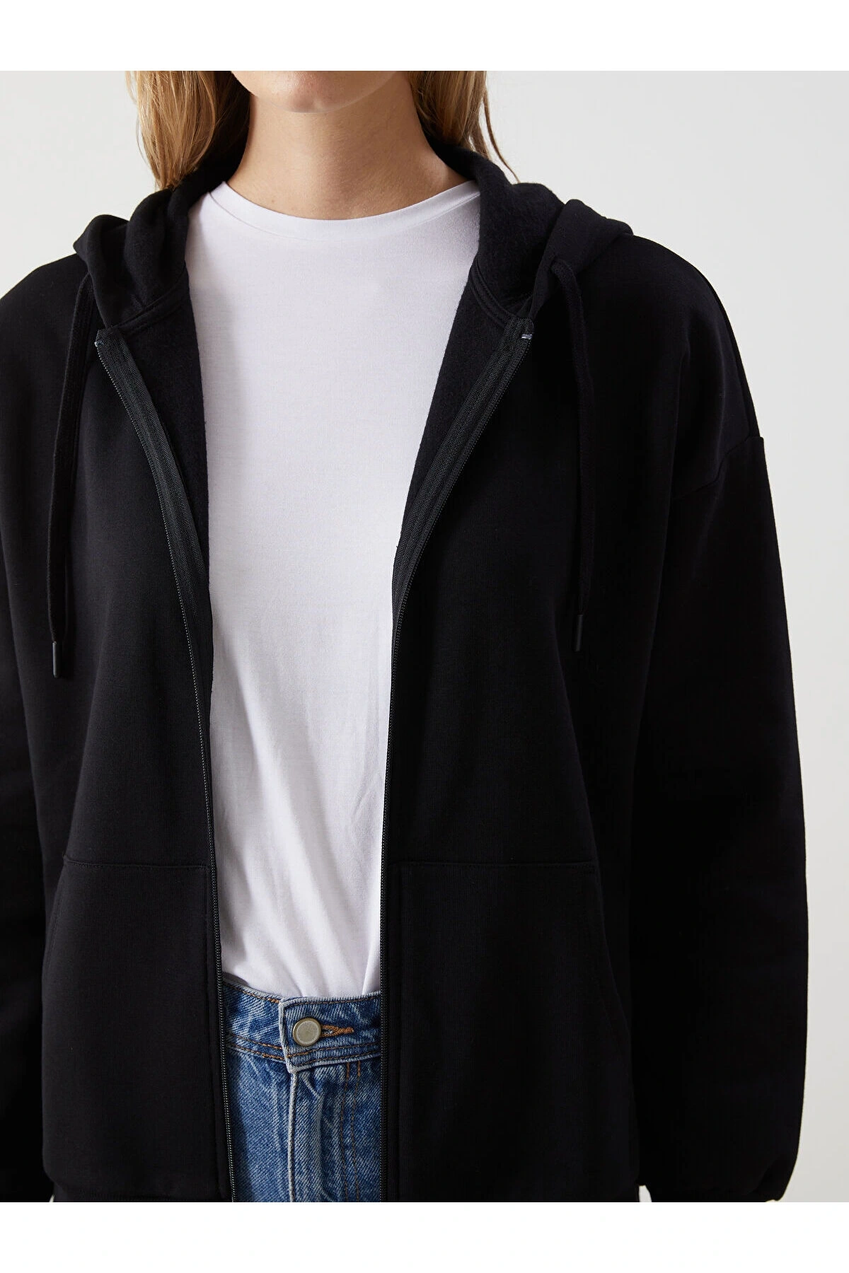 LCW Modest Siyah Kapüşonlu Oversize Kadın Fermuarlı Sweat