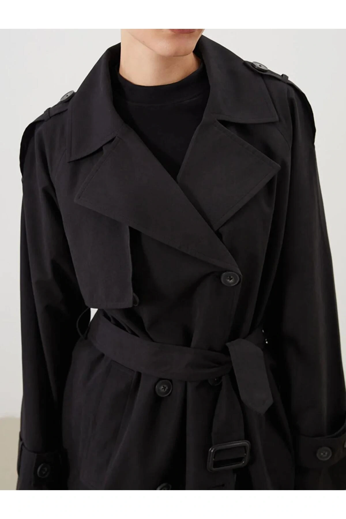 LCW Modest Siyah Kruvaze Yaka Oversize Kadın Trençkot