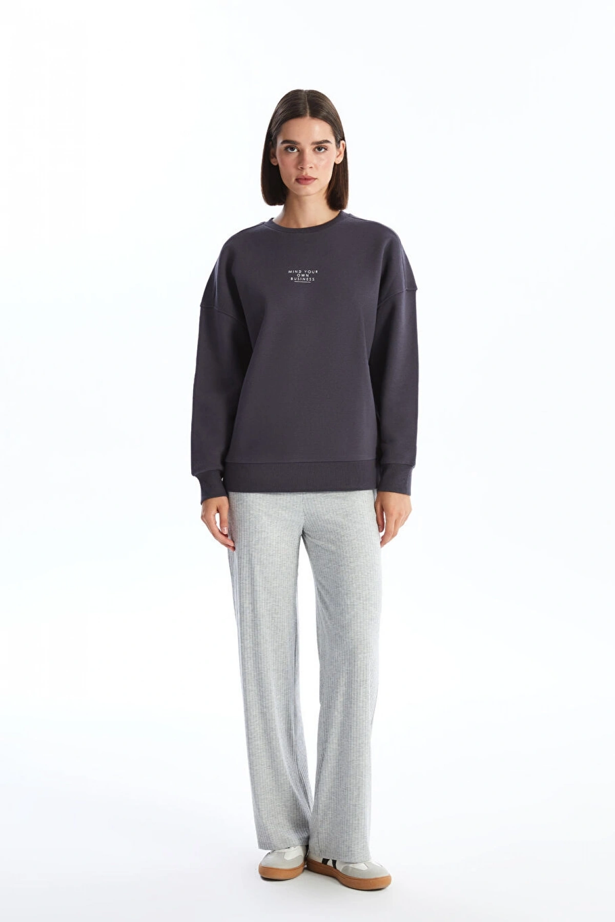 LCW Vision Antrasit Bisiklet Yaka Baskılı Oversize Kadın Kalın Sweatshirt