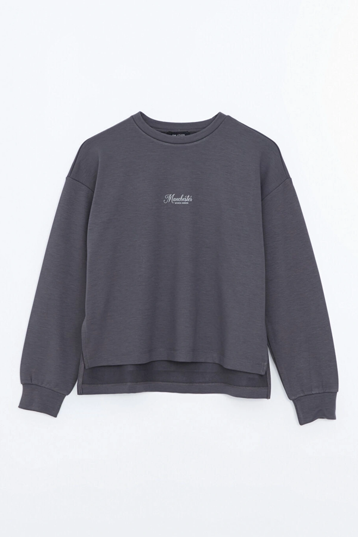 LCW Vision Antrasit Bisiklet Yaka Baskılı Oversize Kadın Sweatshirt