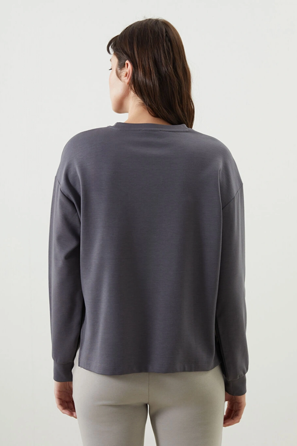 LCW Vision Antrasit Bisiklet Yaka Baskılı Oversize Kadın Sweatshirt