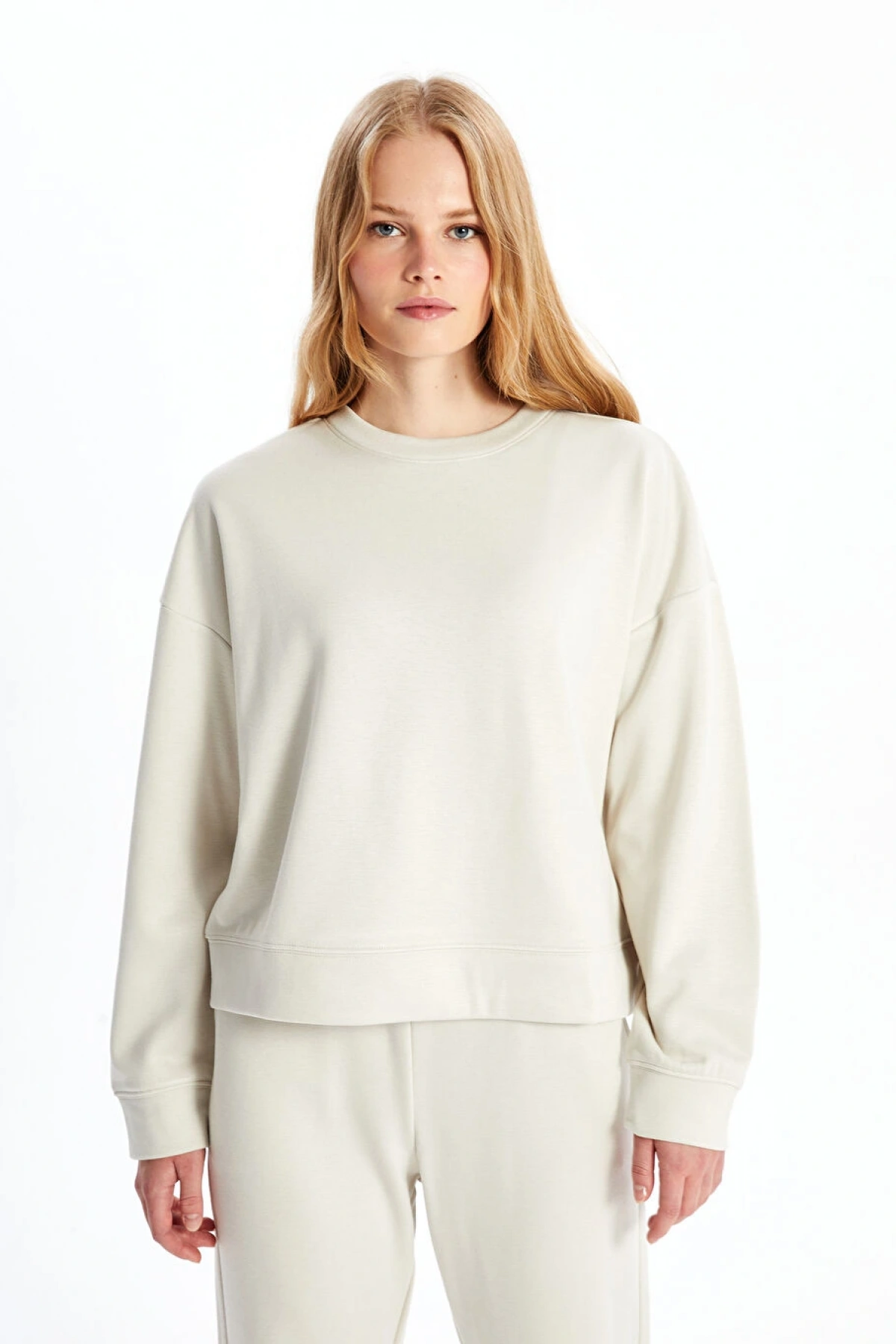 LCW Vision Bej Bisiklet Yaka Oversize Kadın Sweatshirt