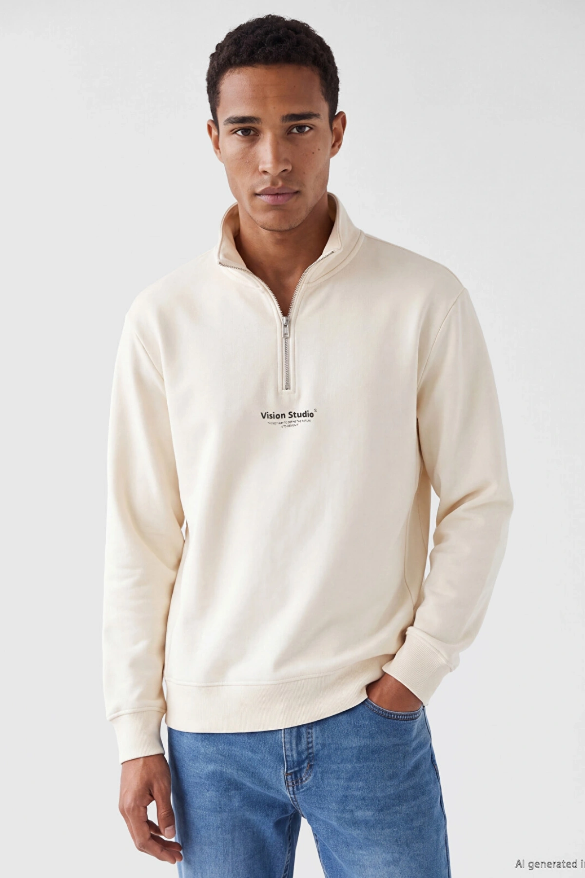 LCW Vision Bej Dik Yaka Baskılı Erkek Sweatshirt