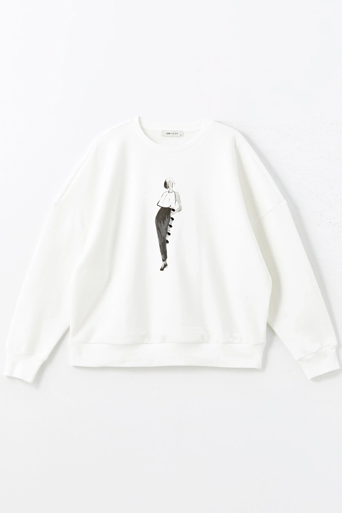 LCW Vision Beyaz Bisiklet Yaka Baskılı Oversize Kadın Kalın Sweatshirt
