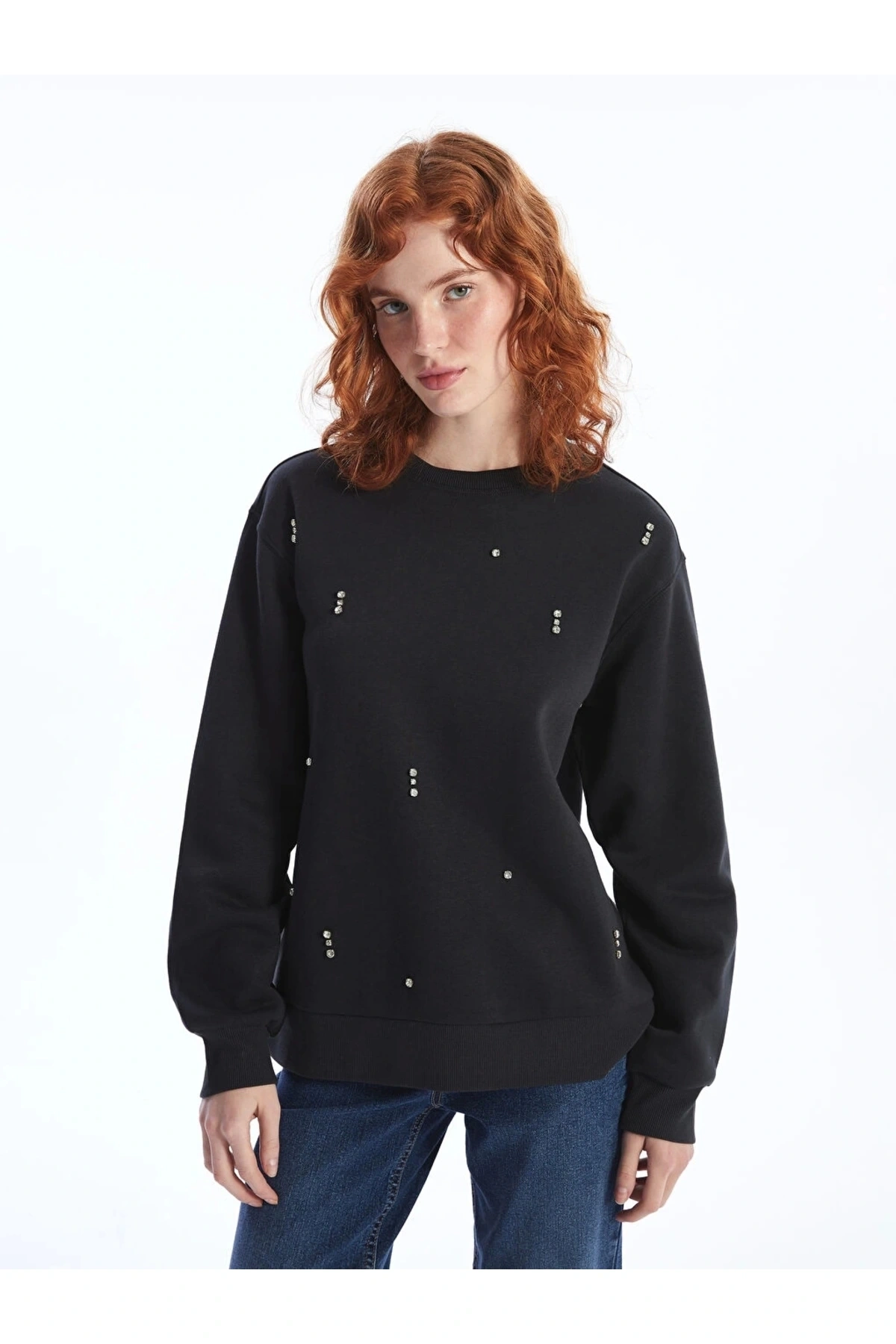 LCW Vision Bisiklet Yaka Parlak Taş Baskılı Kadın Kalın Sweatshirt