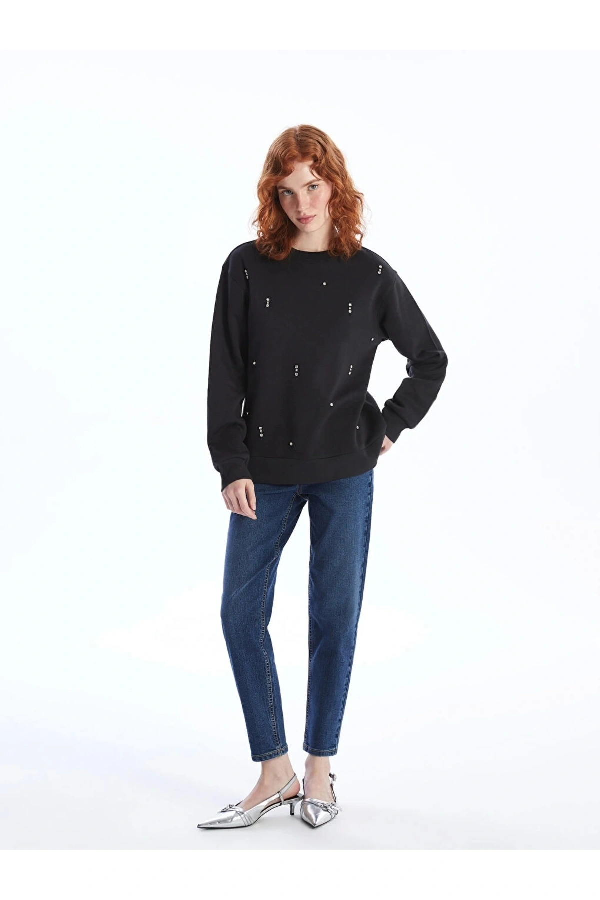 LCW Vision Bisiklet Yaka Parlak Taş Baskılı Kadın Kalın Sweatshirt