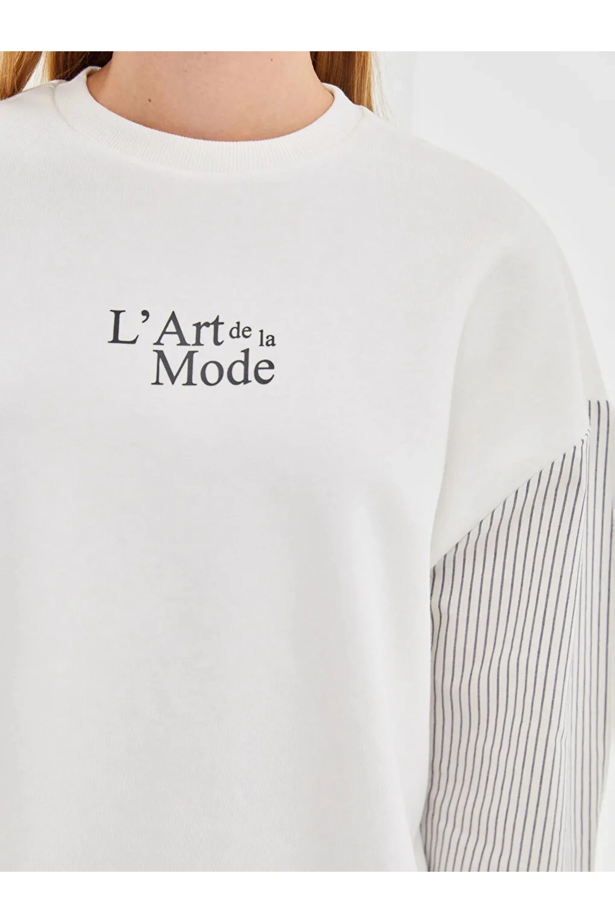 LCW Vision Ekru Bisiklet Yaka Baskılı Oversize Kadın Kalın Sweatshirt