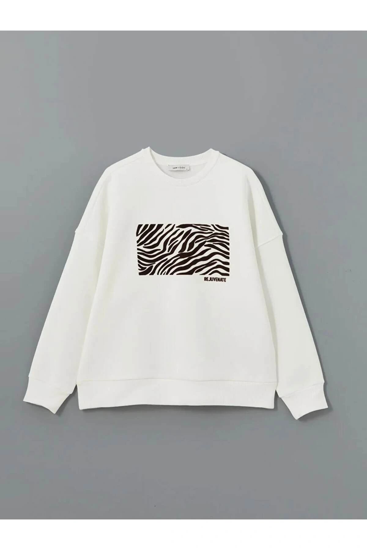 LCW Vision Ekru Bisiklet Yaka Baskılı Oversize Kadın Kalın Sweatshirt